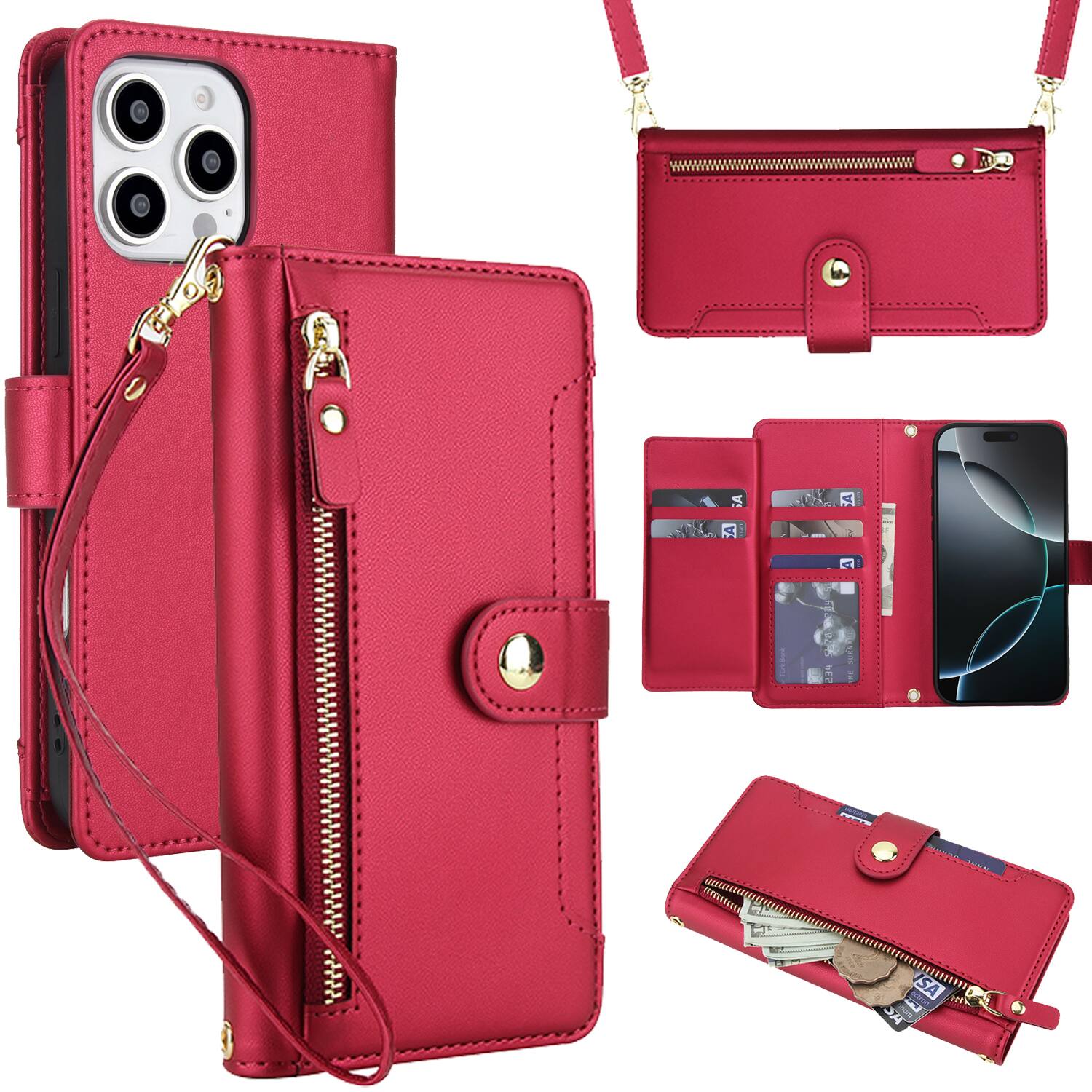 Front. Dteck - Crossbody Zipper Wallet Case for Apple iPhone 16 Pro,Faux Leather Magnetic Closure Flip Credit Card Holder Cover - Red.