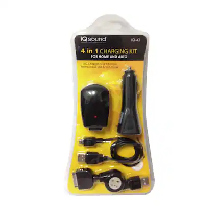 IQ sound IQ-43 4 in 1 CHARGING KIT FOR HOME AND AUTO AC Charger Car Charger. Retractable USB & USB Cable