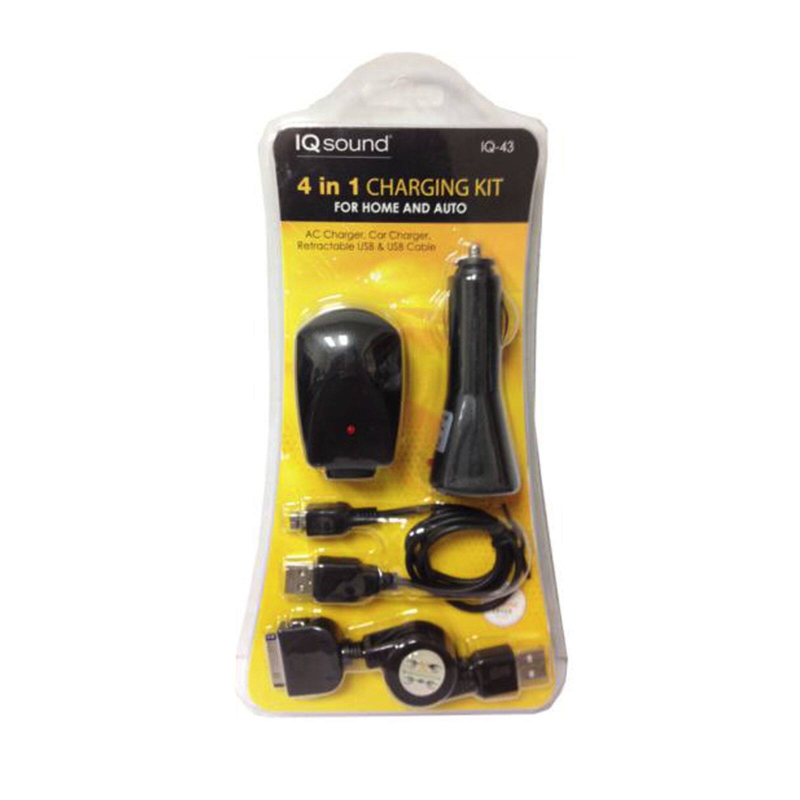 IQ sound IQ-43 4 in 1 CHARGING KIT FOR HOME AND AUTO AC Charger Car Charger. Retractable USB & USB Cable