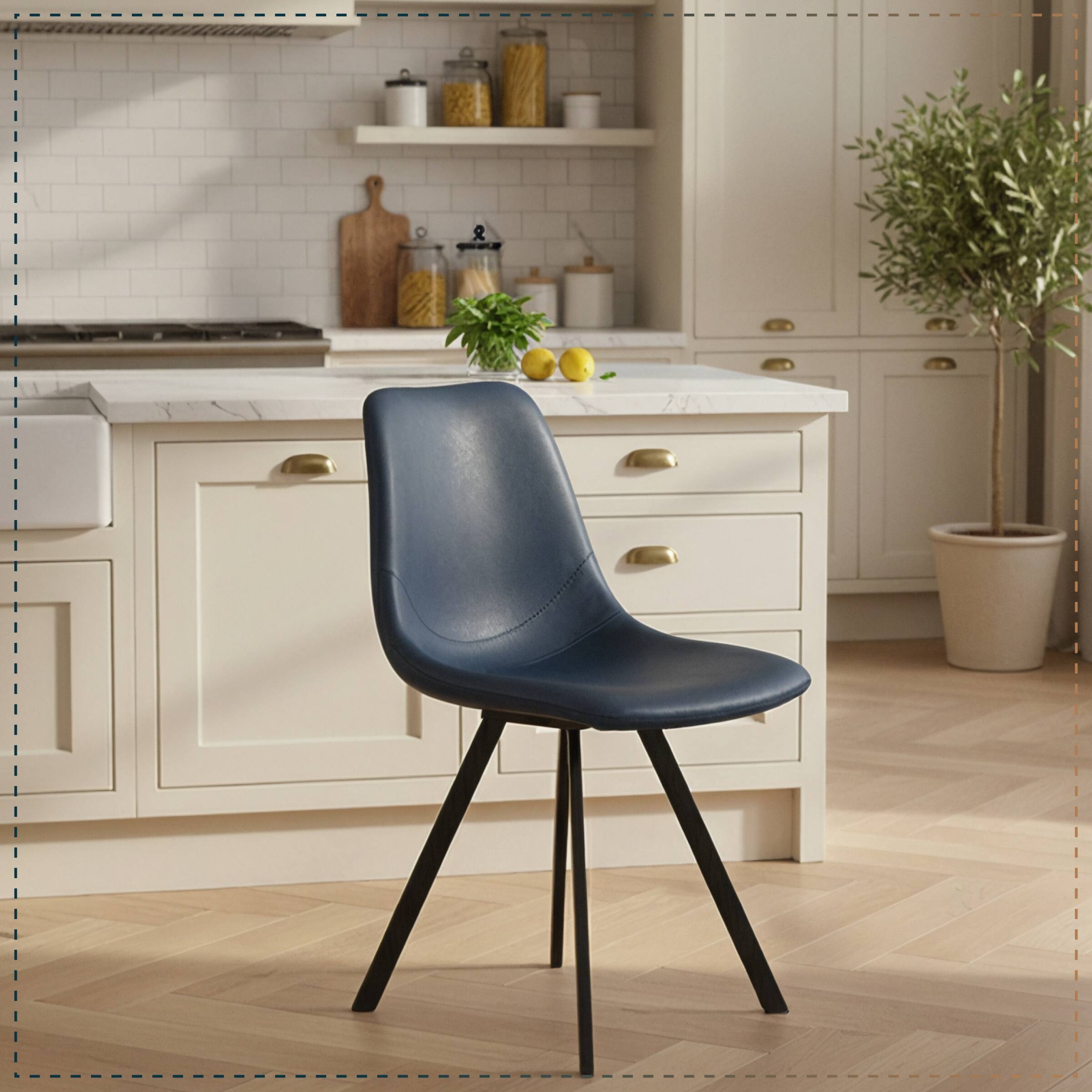 Angle. LeisureMod - Markley Modern Upholstered Dining Chair, Distressed Leather Ergonomic Kitchen Chair with Iron Legs - Peacock Blue.