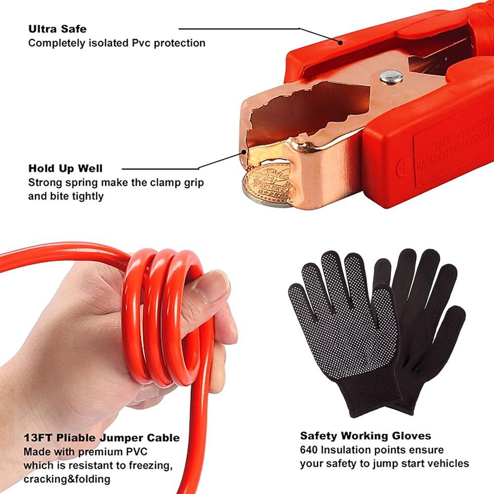 Ultra Safe  
Completely isolated Pvc protection  

Hold Up Well  
Strong spring make the clamp grip and bite tightly  

13FT Pliable Jumper Cable  
Made with premium PVC which is resistant to freezing, cracking & folding  

Safety Working Gloves  
640 Insulation points ensure your safety to jump start vehicles