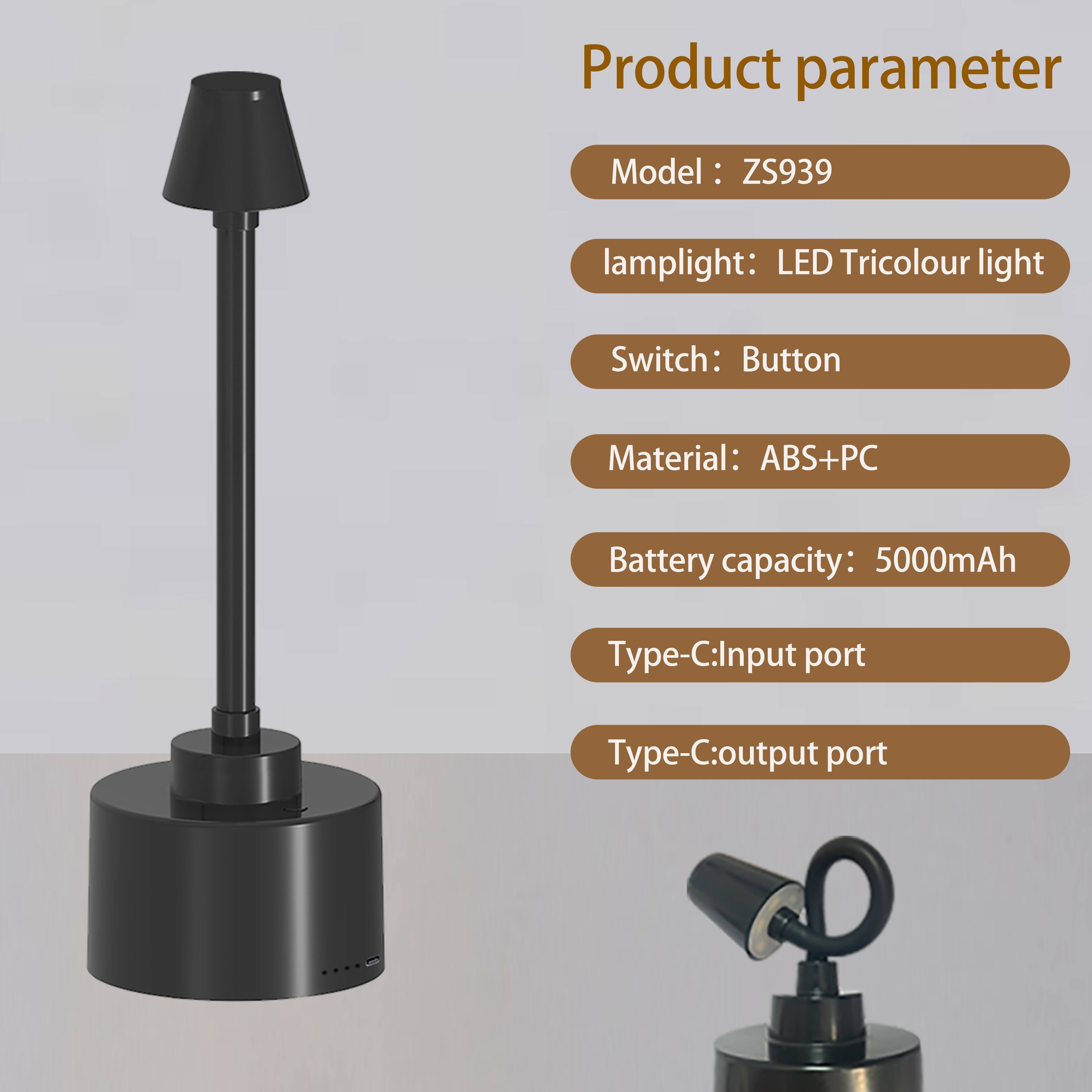 Product parameter  
Model: ZS939  
Lamplight: LED Tricolour light  
Switch: Button  
Material: ABS+PC  
Battery capacity: 5000mAh  
Type-C: Input port  
Type-C: Output port