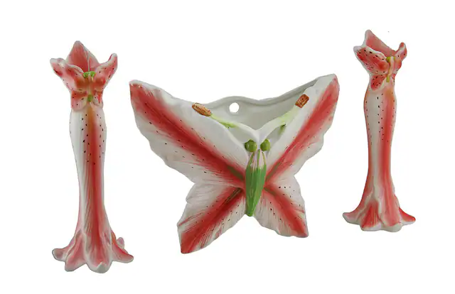 Front. Zeckos - 3 Pc. Pink Tiger Lily Flower Candle Holder and Butterfly Vase Set - Pink.