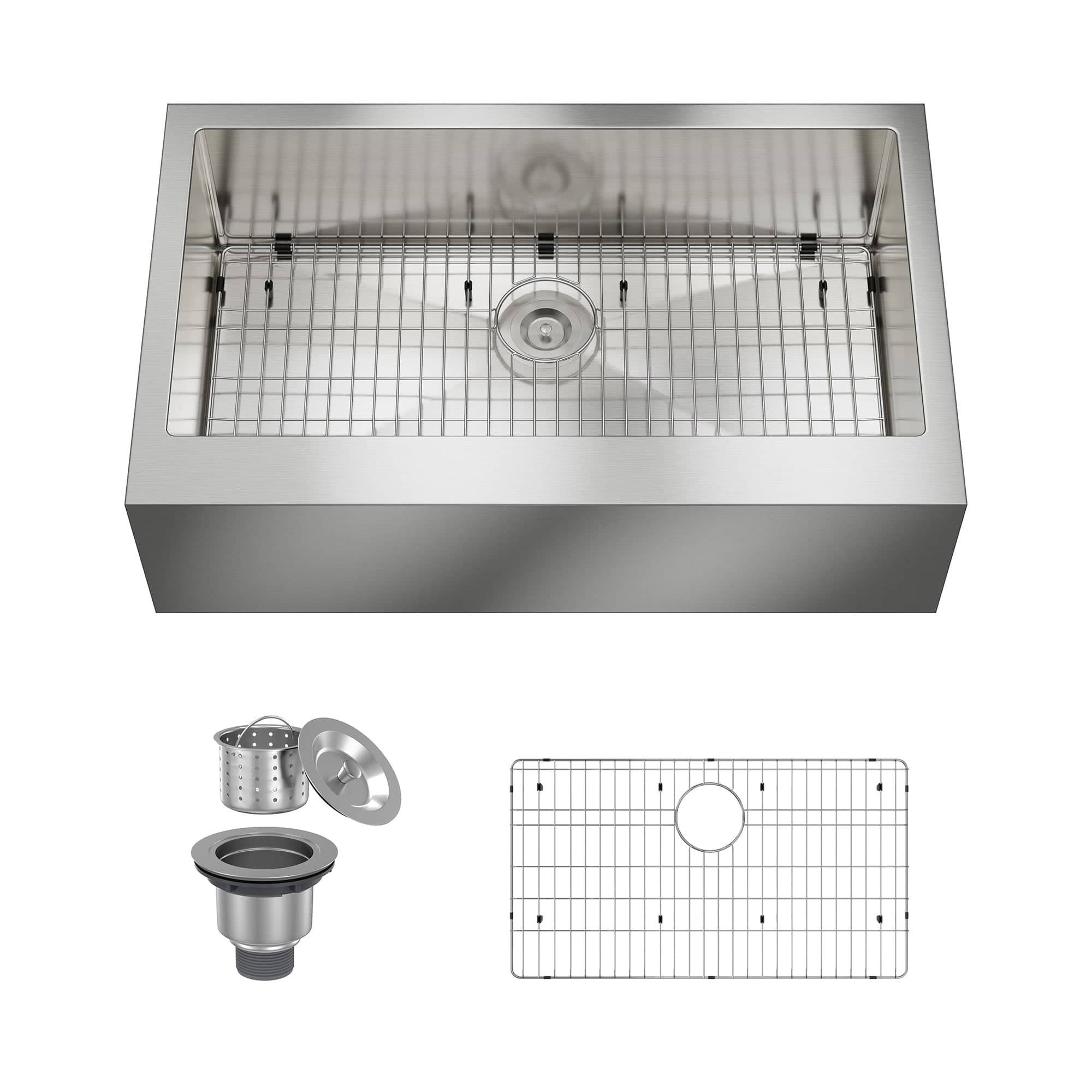 Front. Boyel Living - 36 in. Farmhouse Apron-Front Single Bowl 18-Gauge Silver Stainless Steel Kitchen Sink with Bottom Grid, Strainer Basket - Silver.