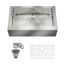 Boyel Living - 36 in. Farmhouse Apron-Front Single Bowl 18-Gauge Stainless Steel Kitchen Sink with Bottom Grid, Strainer Basket - Silver