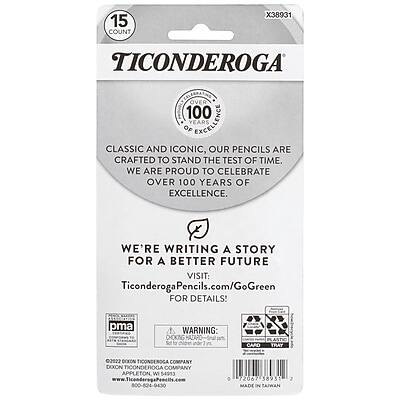 15 COUNT X38931 TICONDEROGA  
OVER 100 YEARS OF EXCELLENCE  
CLASSIC AND ICONIC, OUR PENCILS ARE CRAFTED TO STAND THE TEST OF TIME. WE ARE PROUD TO CELEBRATE OVER 100 YEARS OF EXCELLENCE.  
WE'RE WRITING A STORY FOR A BETTER FUTURE  
VISIT: TiconderogaPencils.com/GoGreen FOR DETAILS!  

WARNING: TO CARO  
2922 DEXON TICONDEROGA COMPANY  
APPLETON WI 54913  
800-824-9430  

MADE IN TAWAN  

PMA  
02022 TICONDEROGA COMPANY  
DOON TICONDEROGA COMPANY  
www.TiconderogaPencils.com  
02067 38931