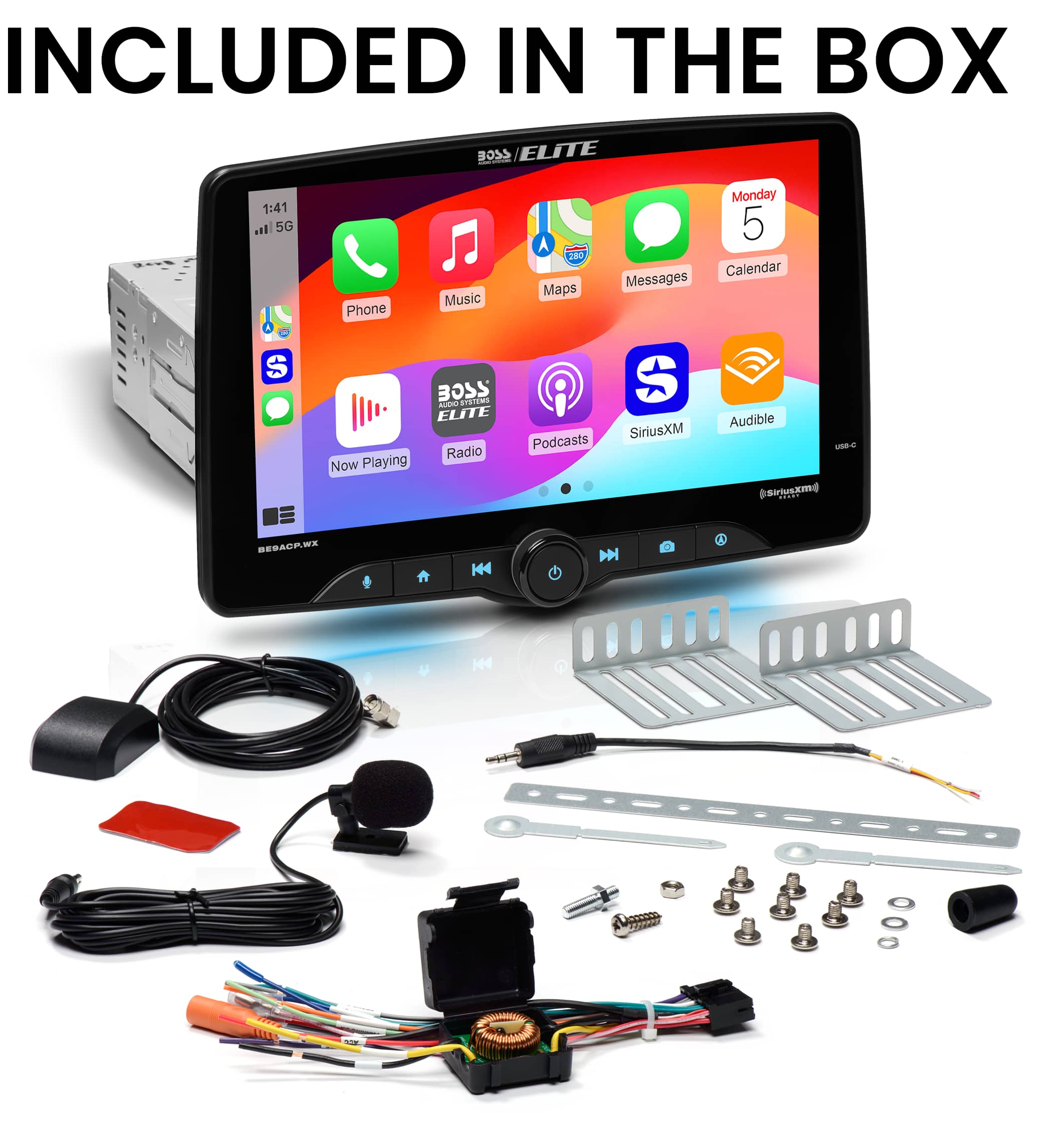 In the box, there is an Elite radio that includes various features such as a 1:41 ETL, 5G phone, music, 280 maps, Monday 5 calendar, messages, and SiriusXM. The radio also has a built-in speaker and supports Audible.