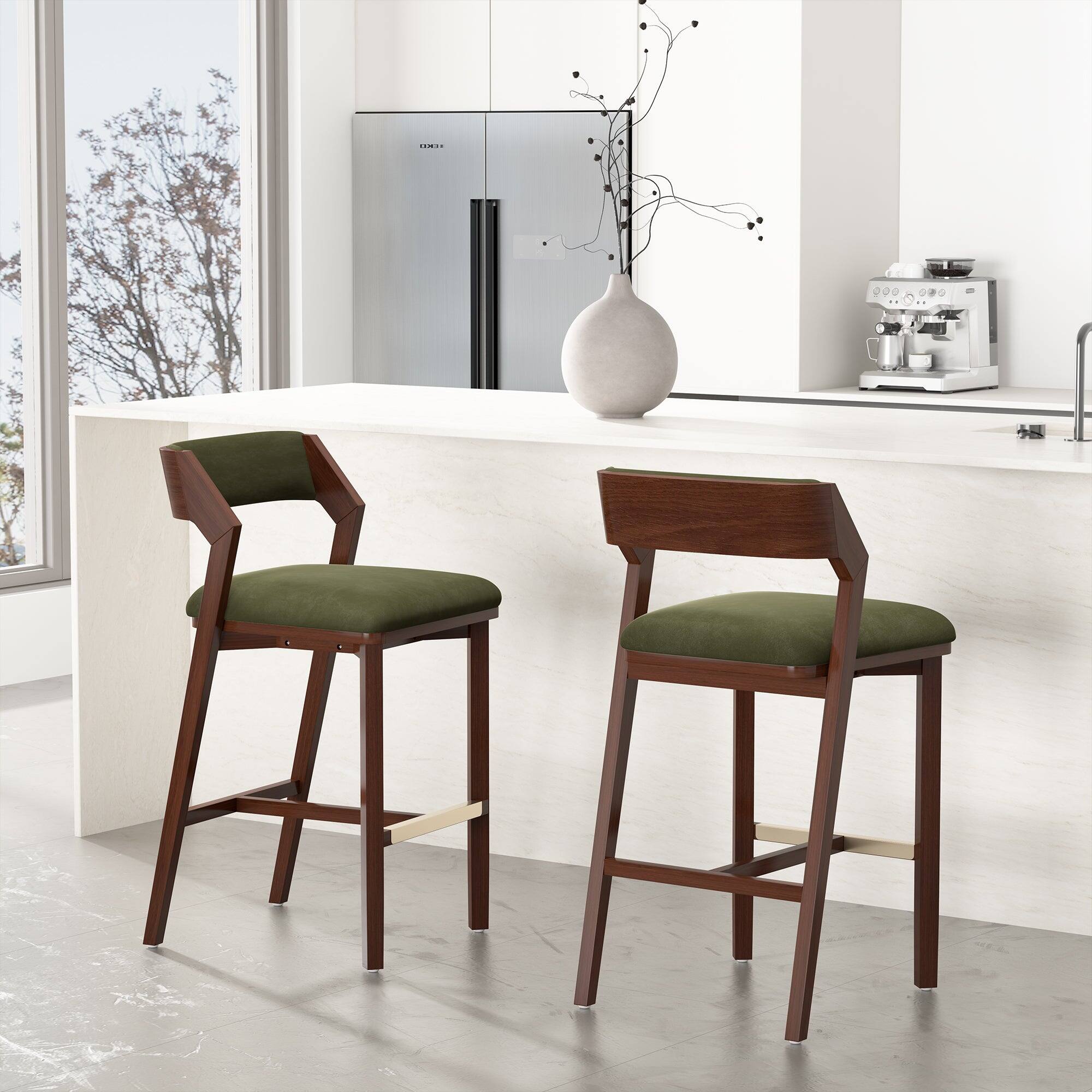 Angle. Manhattan Comfort - Patricia Modern Wood Upholstered Barstool - Set of 2 - Turtle Green.