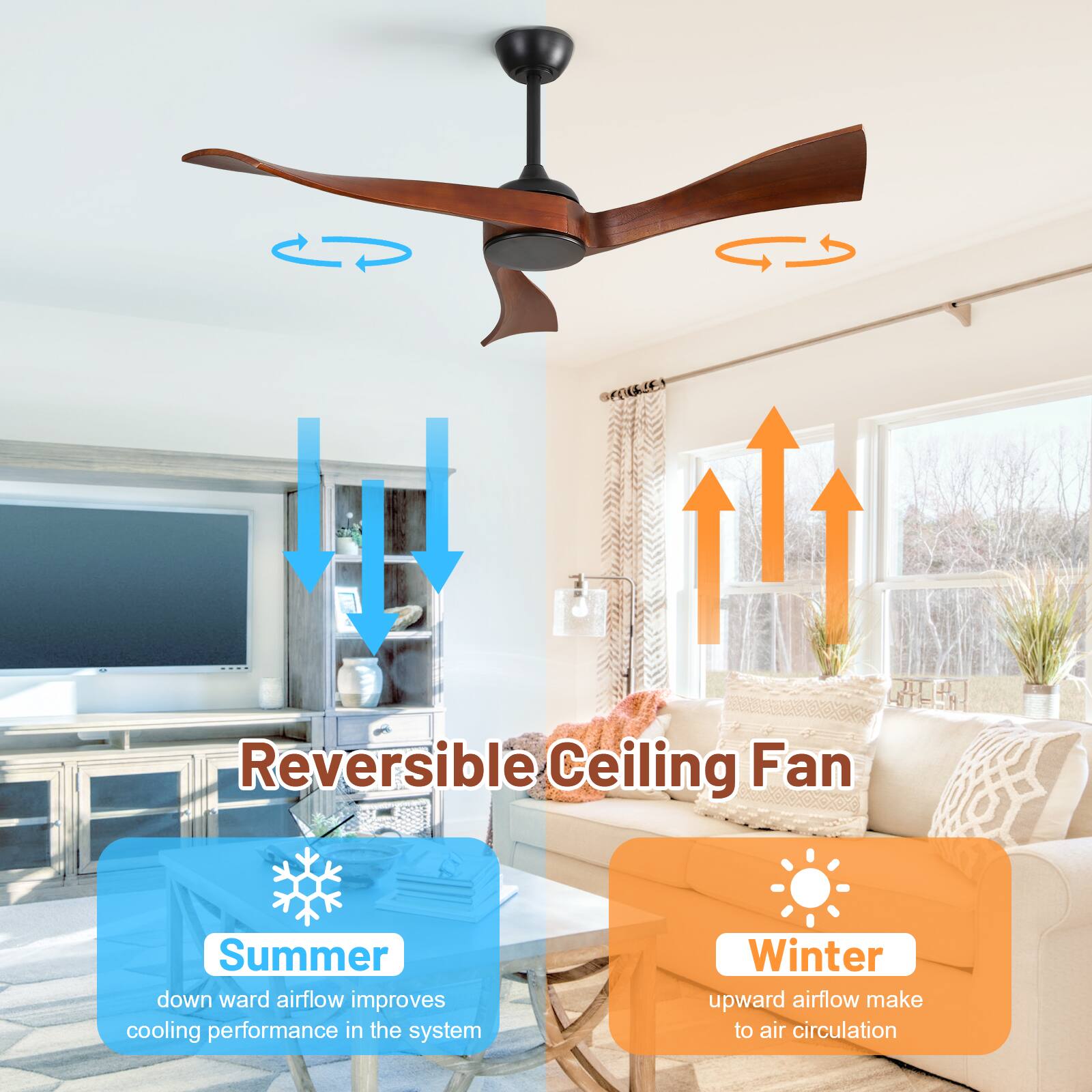 CP FOLE Reversible Ceiling Fan  
Summer: Downward airflow improves cooling performance in the system  
Winter: Upward airflow makes air circulation