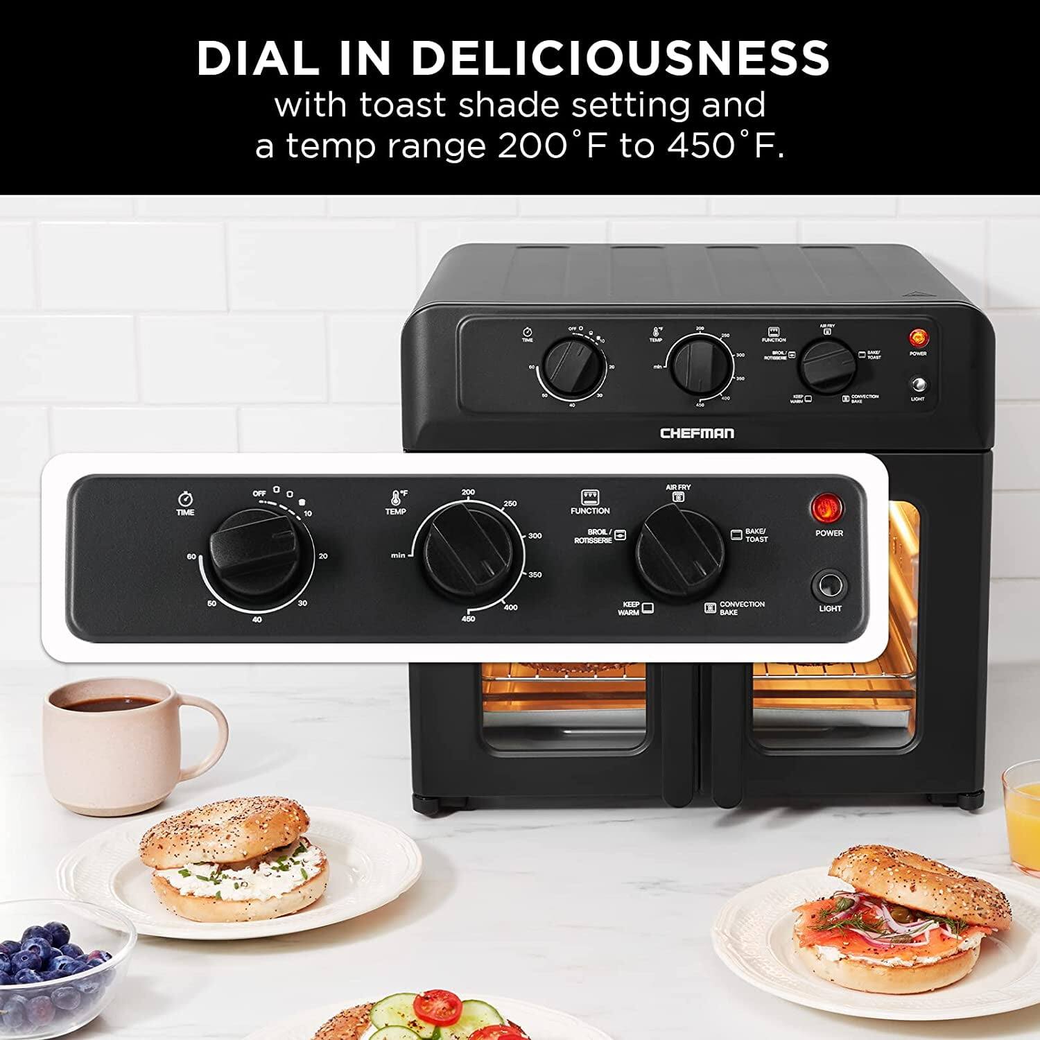 DIAL IN DELICIOUSNESS with toast shade setting and a temp range 200°F to 450°F.