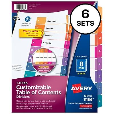 **Avery 11186 - 6 Sets of 8 Tabs**

**Wireless Ready Index Print Your Own Section Tites**

**Overview**
1. Overview

**Policies**
2. Policies

**Benefits**
3. Benefits

**Calendar**
4. Calendar

**Now With LANscape**
5. Now With LANscape

**Vacation**
6. Vacation

**Table of Contents Dividers**
7. Table of Contents

**Laser Inkjet**
8. Laser Inkjet

**Features:**
- 1-8 Tab Customizable Table of Contents
- Use portrait or turn over to use landscape
- Print a logo or text on the left side
- Free Easy-to-Use Avery Templates
- Heavyweight paper with double-sided reinforced holes and tabs for durability

**Avery.com/print**