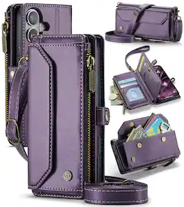 Dteck - Crossbody Wallet Case for Apple iPhone 16 with Card Slots and Zipper Pocket, Shockproof RFID Blocking PU Leather Cover - Purple