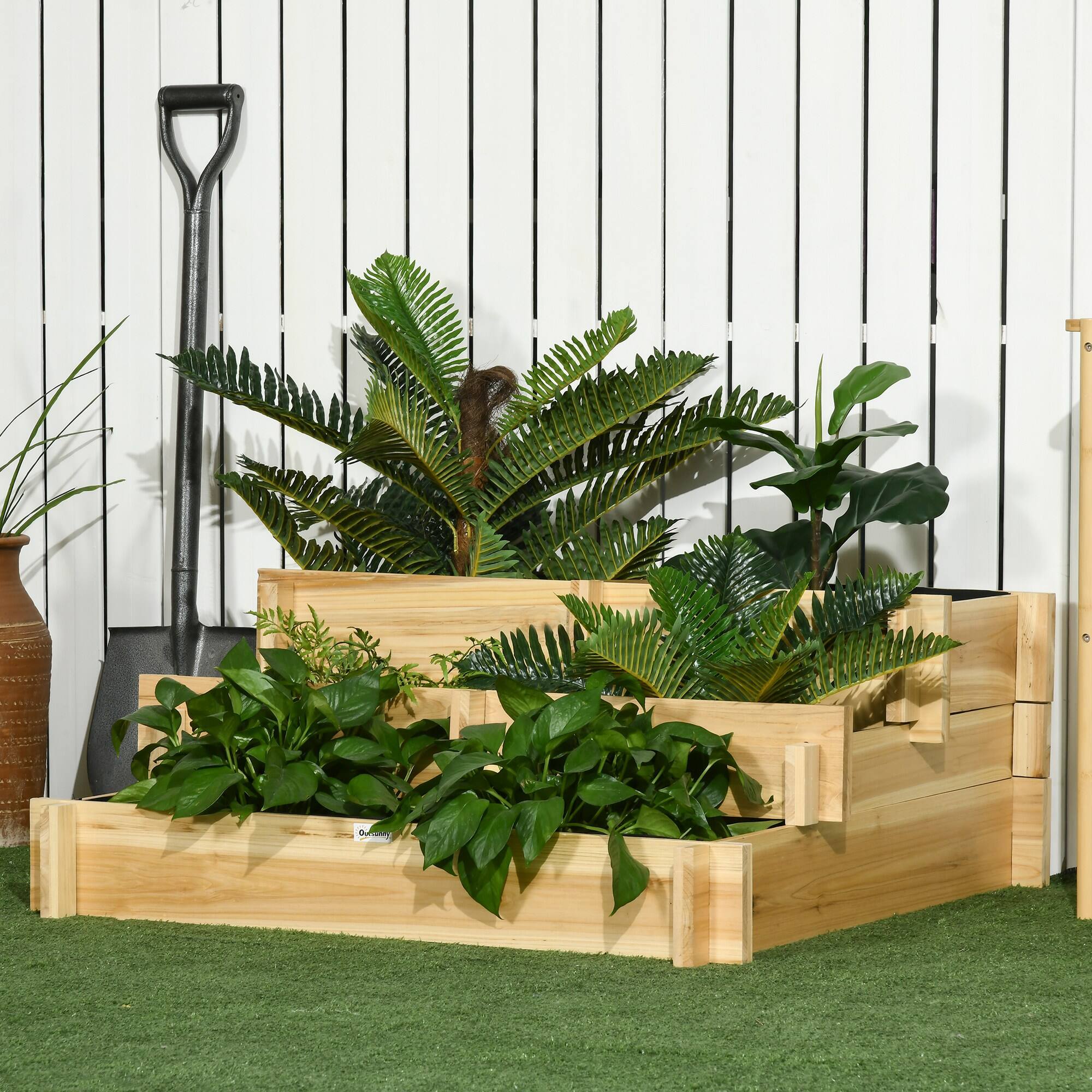 Alt View 1. Outsunny - Tier Raised Garden Bed, Water Draining Fabric for Soil, Elevated Wood Flower Box for Vegetables - Natural Wood.