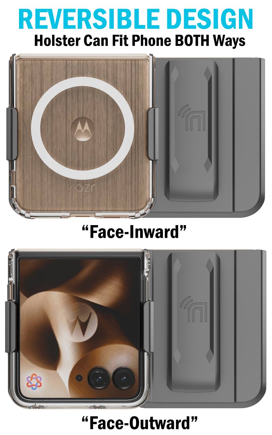 REVERSIBLE DESIGN  
Holster Can Fit Phone BOTH Ways  

"Face-Inward"  
"Face-Outward"