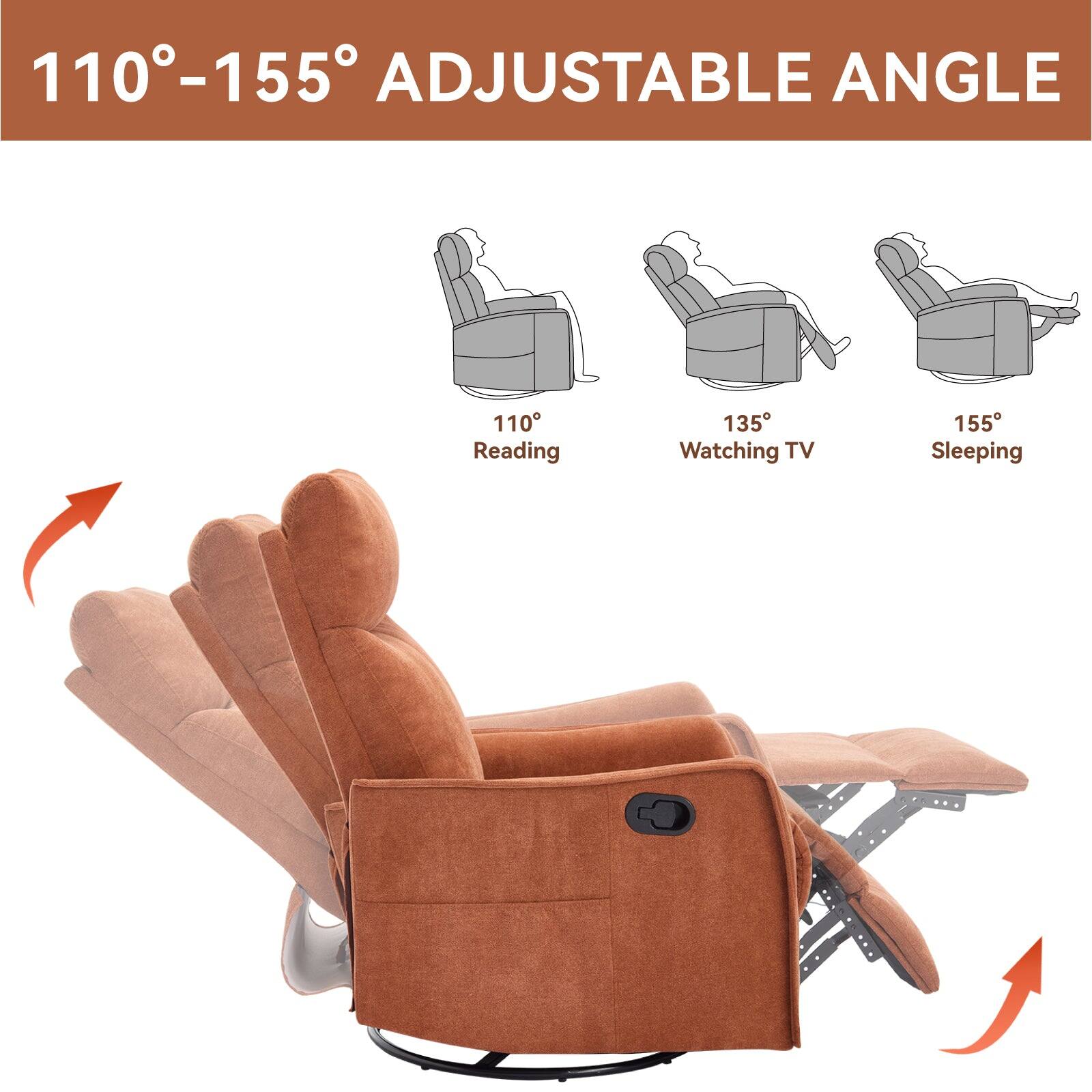 110°-155° Adjustable Angle

110° Reading  
135° Watching TV  
155° Sleeping