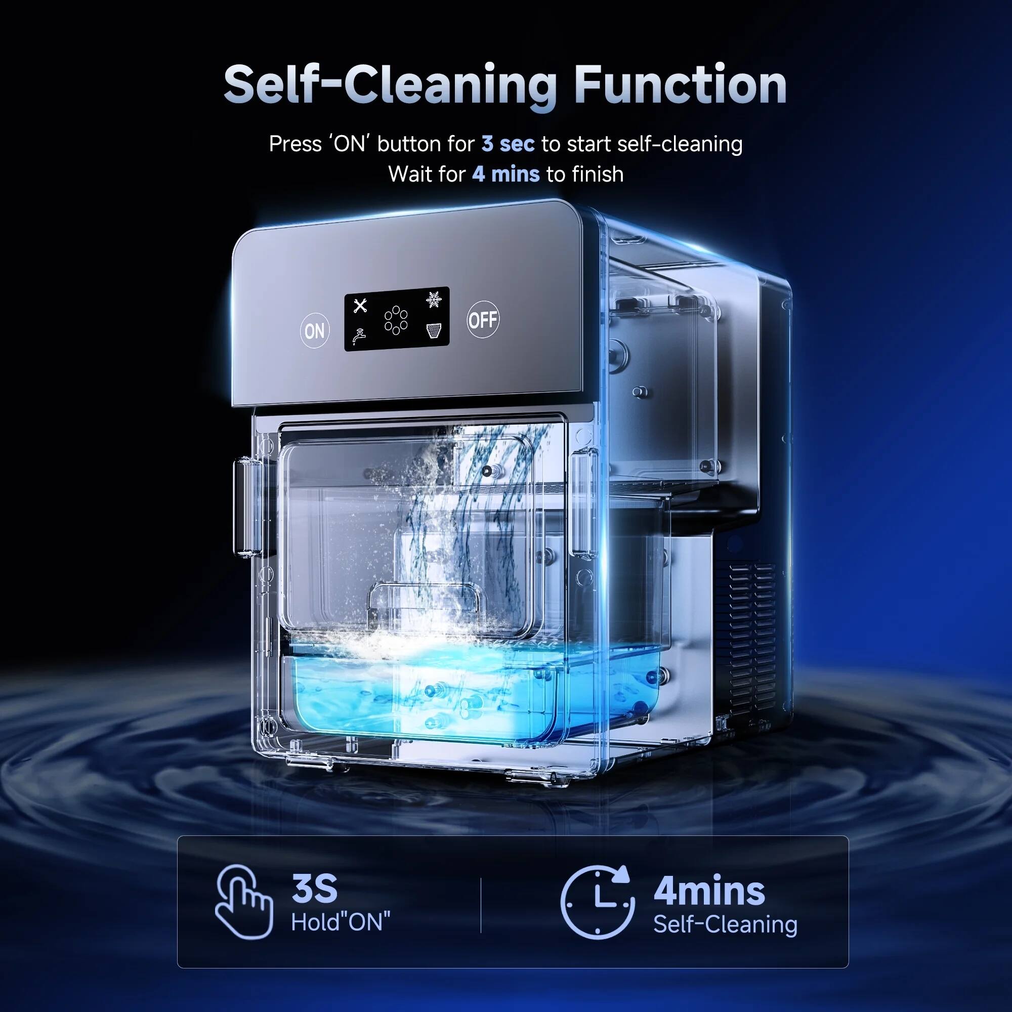 Self-Cleaning Function

Press 'ON' button for 3 sec to start self-cleaning  
Wait for 4 mins to finish

ON x OFF

3S  
Hold "ON"

4mins  
Self-Cleaning