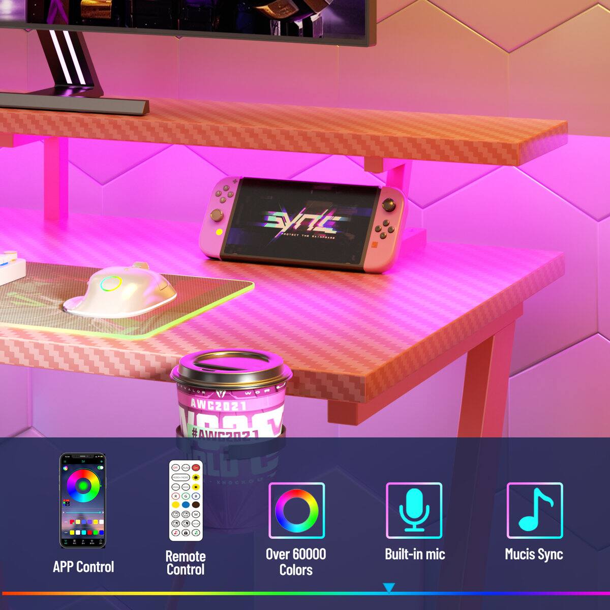 SVn | i ........ AWC2021 IEEV #AWROO21 - I . KHOCKOU a . - J - APP Control Remote Control Over 60000 Colors Built-in mic Music Sync