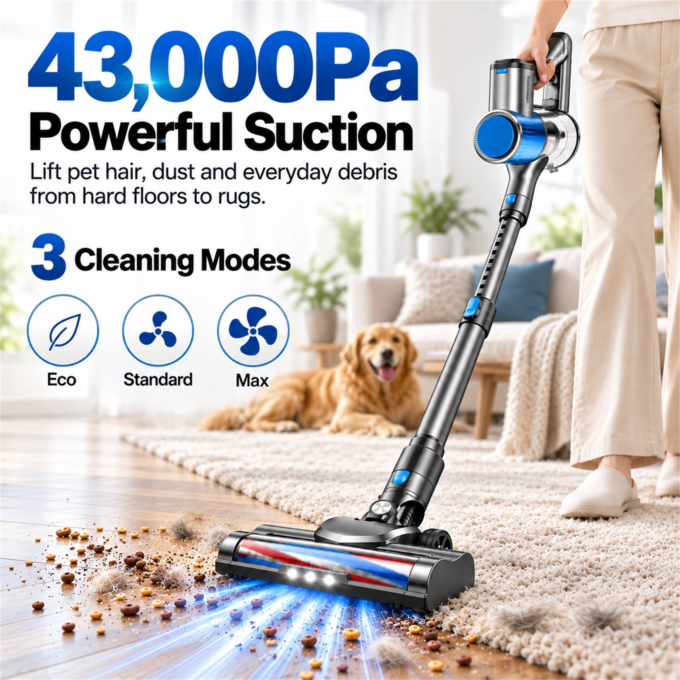 43,000Pa Powerful Suction Lift pet hair, dust and everyday debris from hard floors to rugs. 3 Cleaning Modes
Eco
Standard
Max