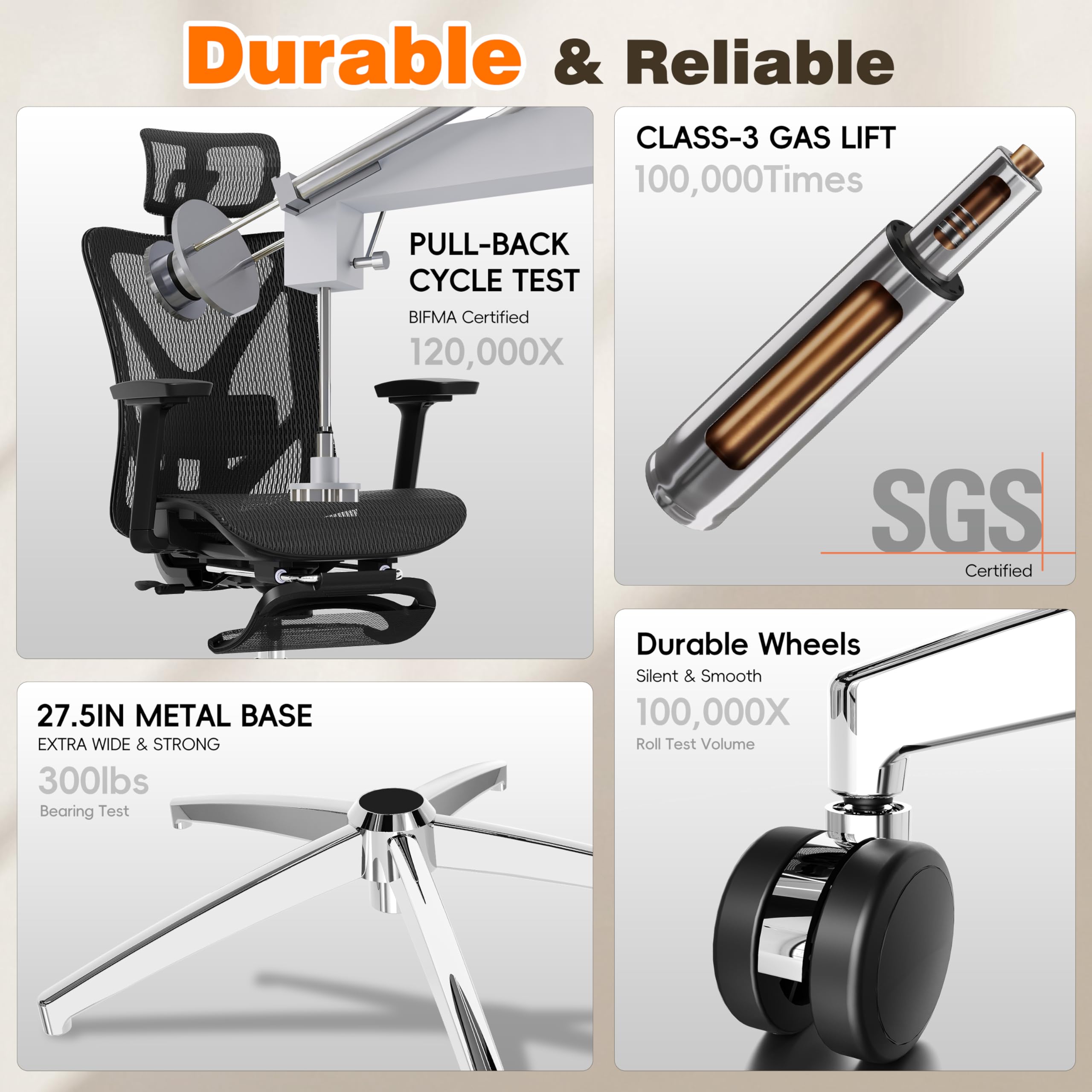 Durable & Reliable

- CLASS-3 GAS LIFT
  - 100,000Times

- PULL-BACK CYCLE TEST
  - BIFMA Certified
  - 120,000X

- 27.5IN METAL BASE
  - EXTRA WIDE & STRONG
  - 300lbs Bearing Test

- Durable Wheels
  - Silent & Smooth
  - 100,000X Roll Test Volume

SGS Certified