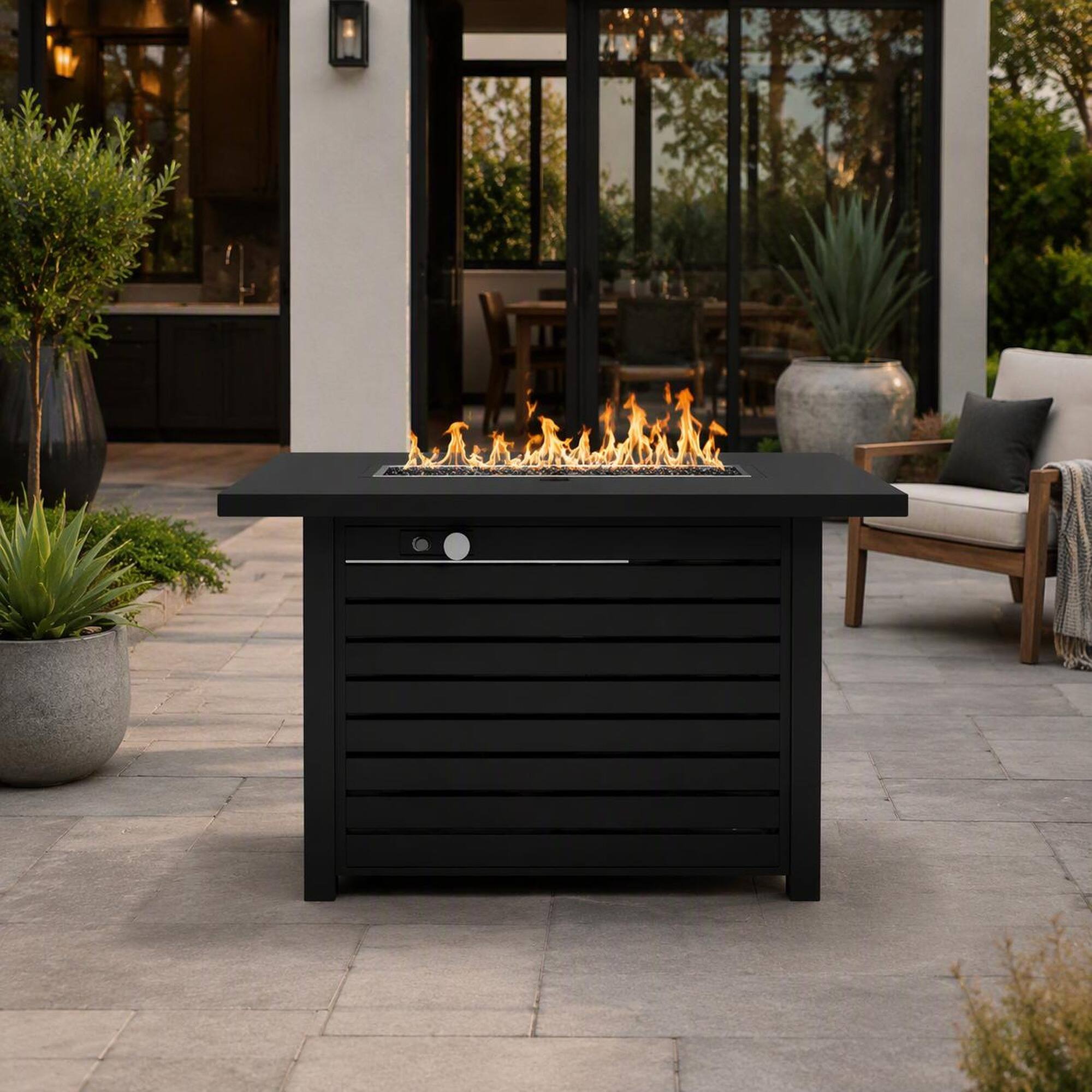 Left. RYHNUYNE - Outdoor Fire Pit Table, 42"W x 20" H Black Steel Rectangular Patio Fire Table with Lid for Backyard Garden - Black.