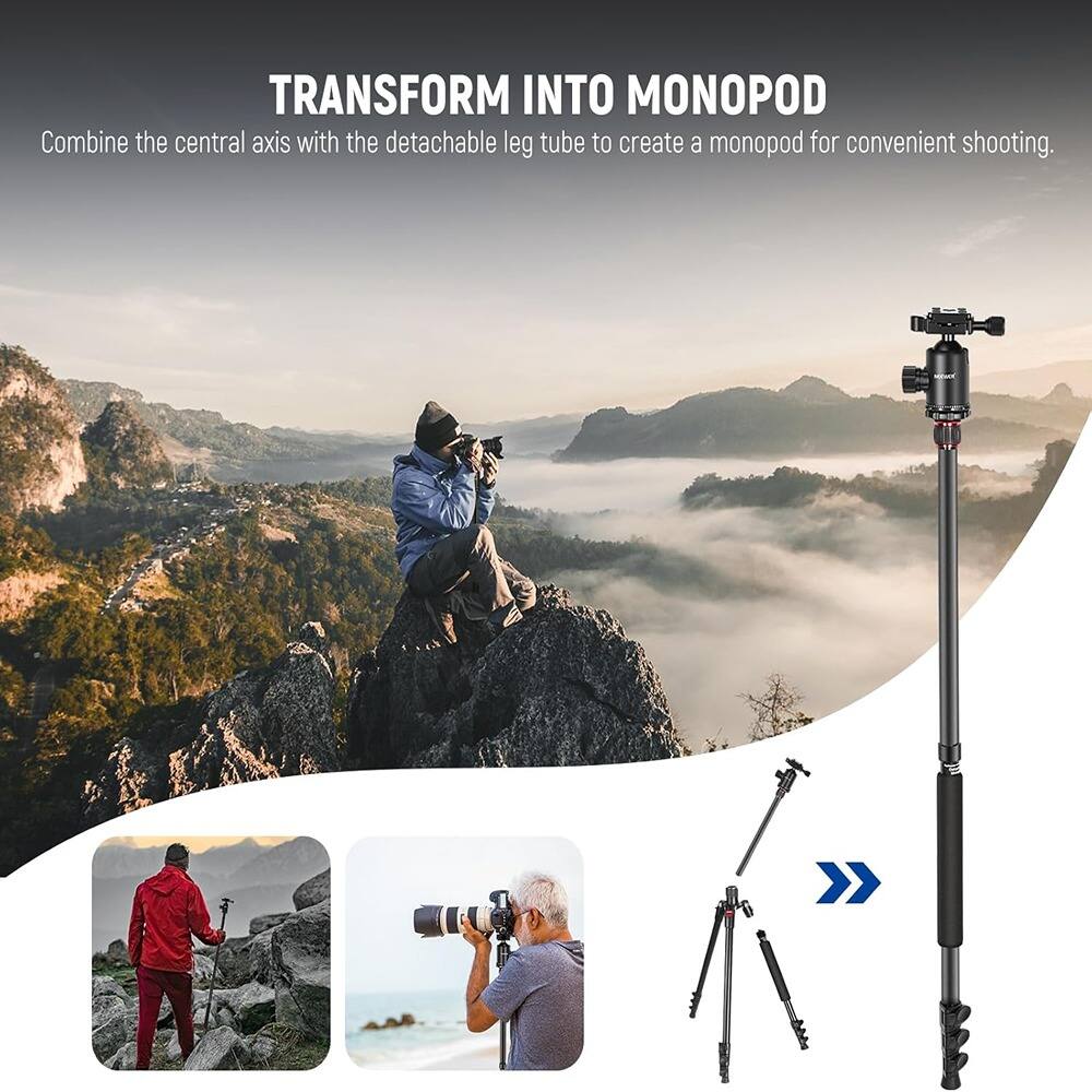 TRANSFORM INTO MONOPOD  
Combine the central axis with the detachable leg tube to create a monopod for convenient shooting.