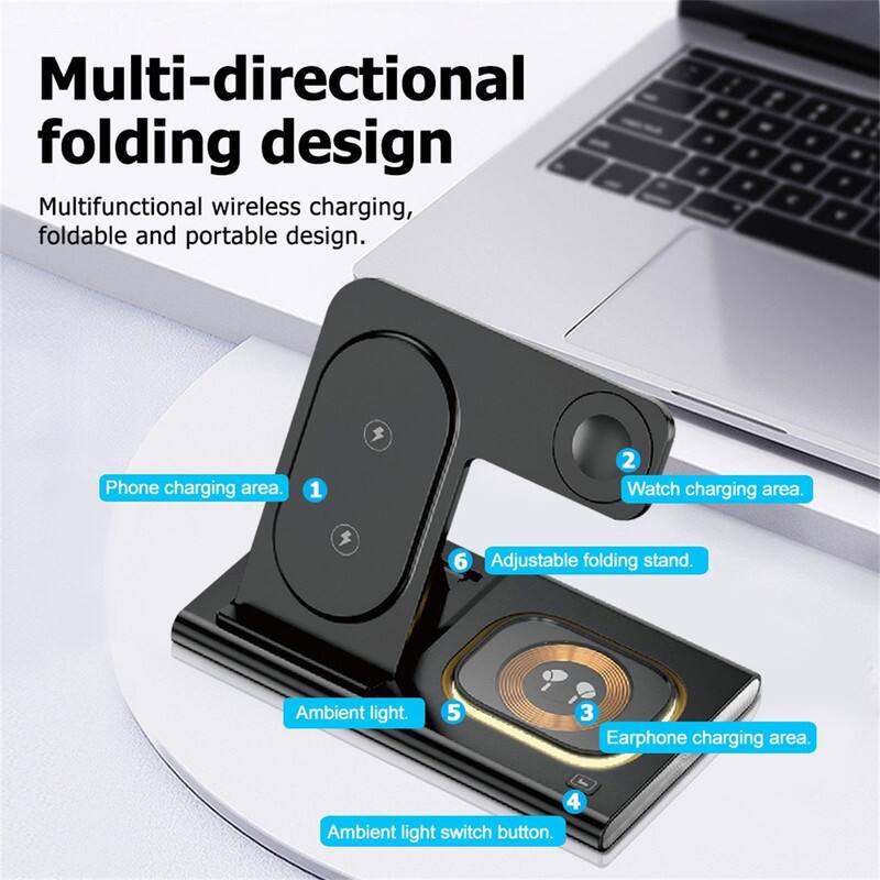 Multi-directional folding design  
Multifunctional wireless charging, foldable and portable design.

1. Phone charging area.
2. Watch charging area.
3. Earphone charging area.
4. Ambient light switch button.
5. Ambient light.
6. Adjustable folding stand.