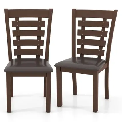 Front. Costway - Wooden Dining Chairs Set of 2 with Upholstered Seat & Rubber High Back - Brown.