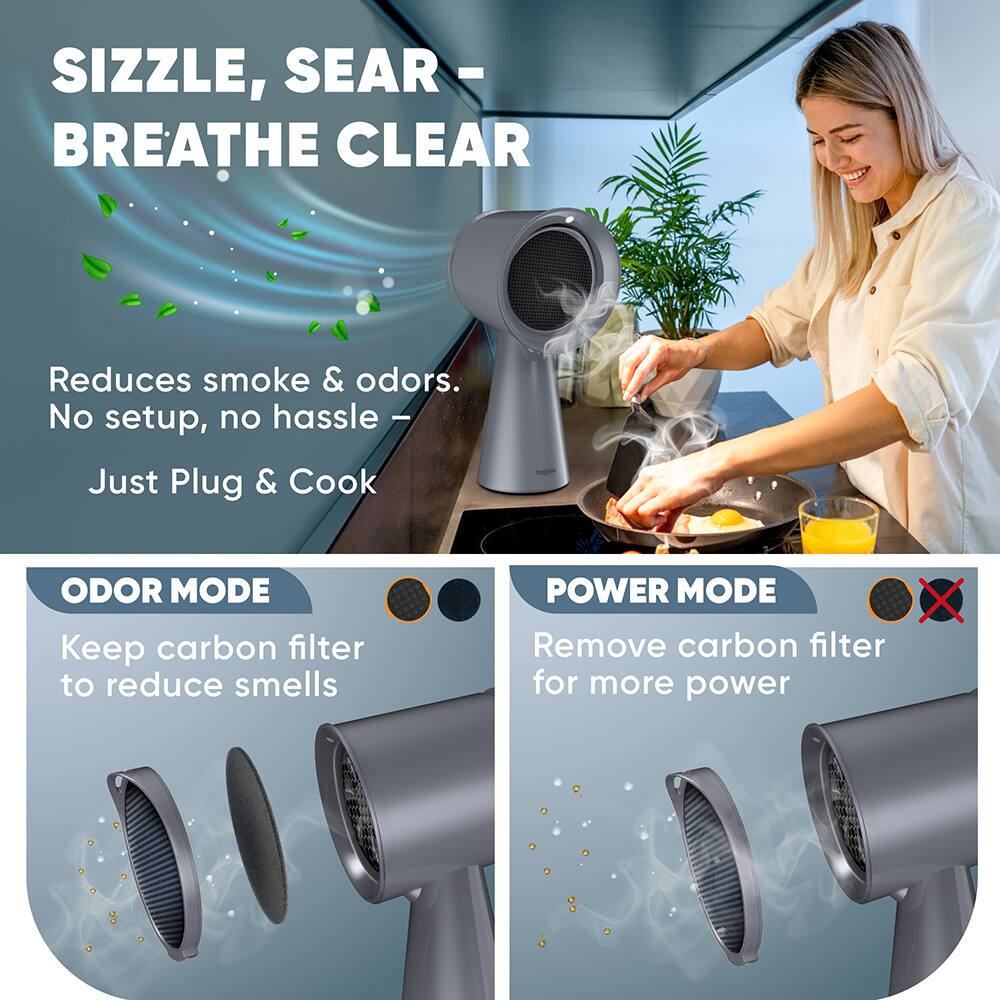 Sizzle, Sear - Breathe Clear

Reduces smoke & odors. No setup, no hassle - Just Plug & Cook

ODOR MODE
Keep carbon filter to reduce smells

POWER MODE
Remove carbon filter for more power