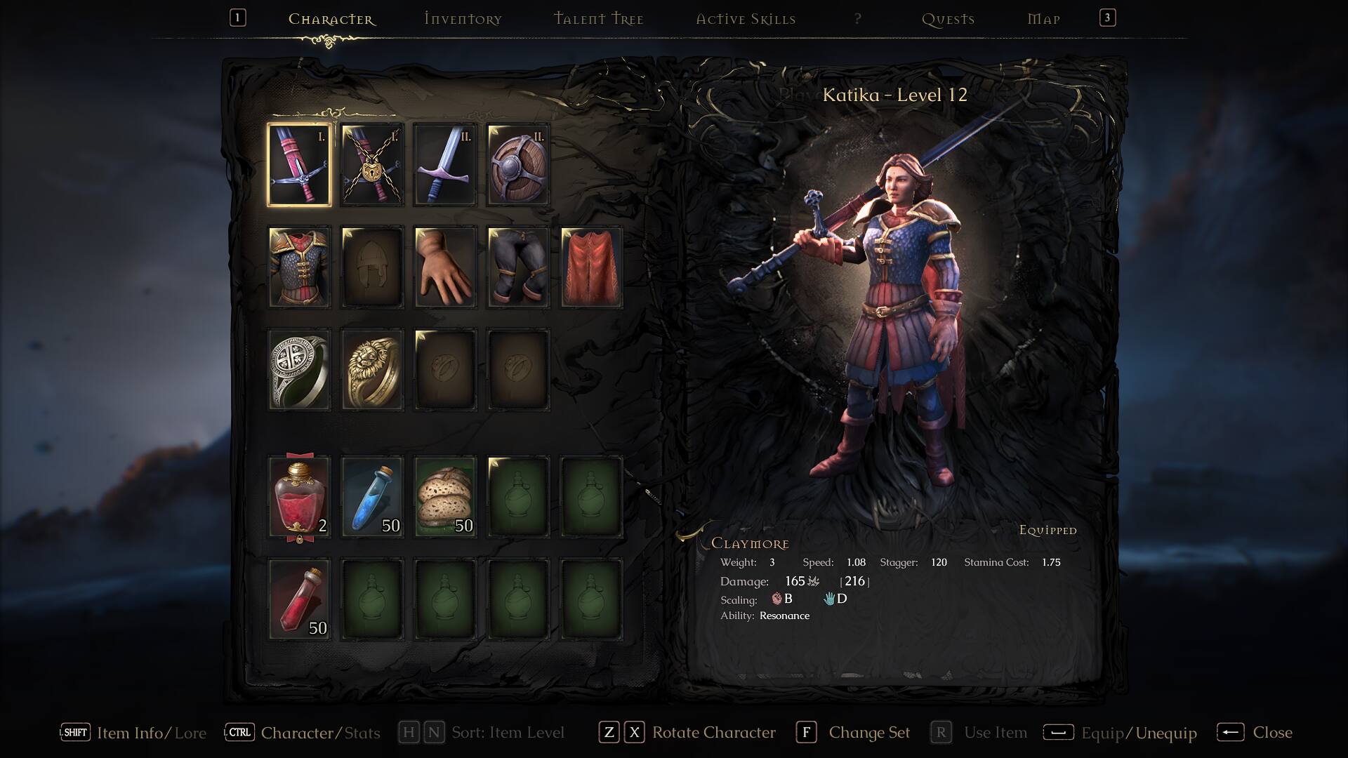 The text on the image is grouped and corrected as follows:

1. CHARACTER INVENTORY TALENT TREE ACTIVE SKILLS ? QUESTS MP
2. Blave Katika I Level 12
3. I. II. 1 2 2 50 50 50
4. CLAYMORE Weight: 3 Speed: 1.08 Stagger: 120 Damage: 165 216 Scaling: B D Ability: Resonance
5. EQUIPPED Stamina Cost: 1.75
6. SHIFT Item Info/Lore CTRL Character/Stats Stats H N Sort: Item Level Z x Rotate Character F Change Set R Use Item Equip/Unequip Close