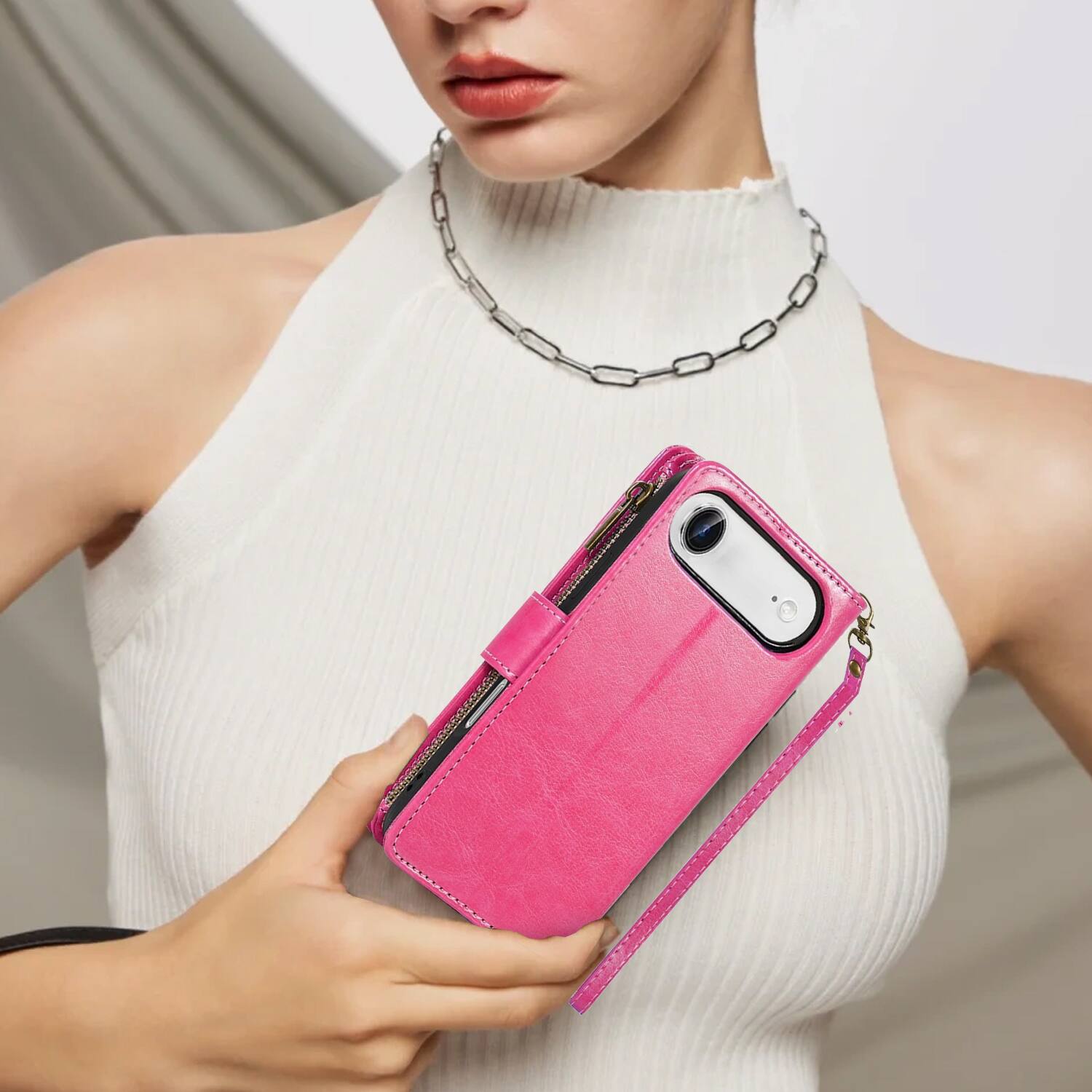 Alt View 7. Equipd - Phone Case for iPhone 17 Air 6.5", Luxury Wallet Card ID Zipper Money Holder Cover (Pink) - Pink.