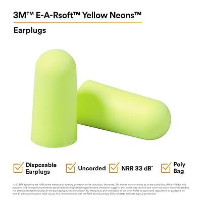 3M™ E-A-Rsoft™ Yellow Neons™ Earplugs

- Disposable Earplugs
- Uncorded
- NRR 33 dB
- Poly Bag

*100% of the noise reduction rating (NRR) is the measure of hearing protection reduction. The NRR is measured in accordance with the requirements of the NIOSH Hearing Protector Test Protocol. This information is intended for use in selecting hearing protection. For further information, see the packaging or consult the 3M Technical Service.