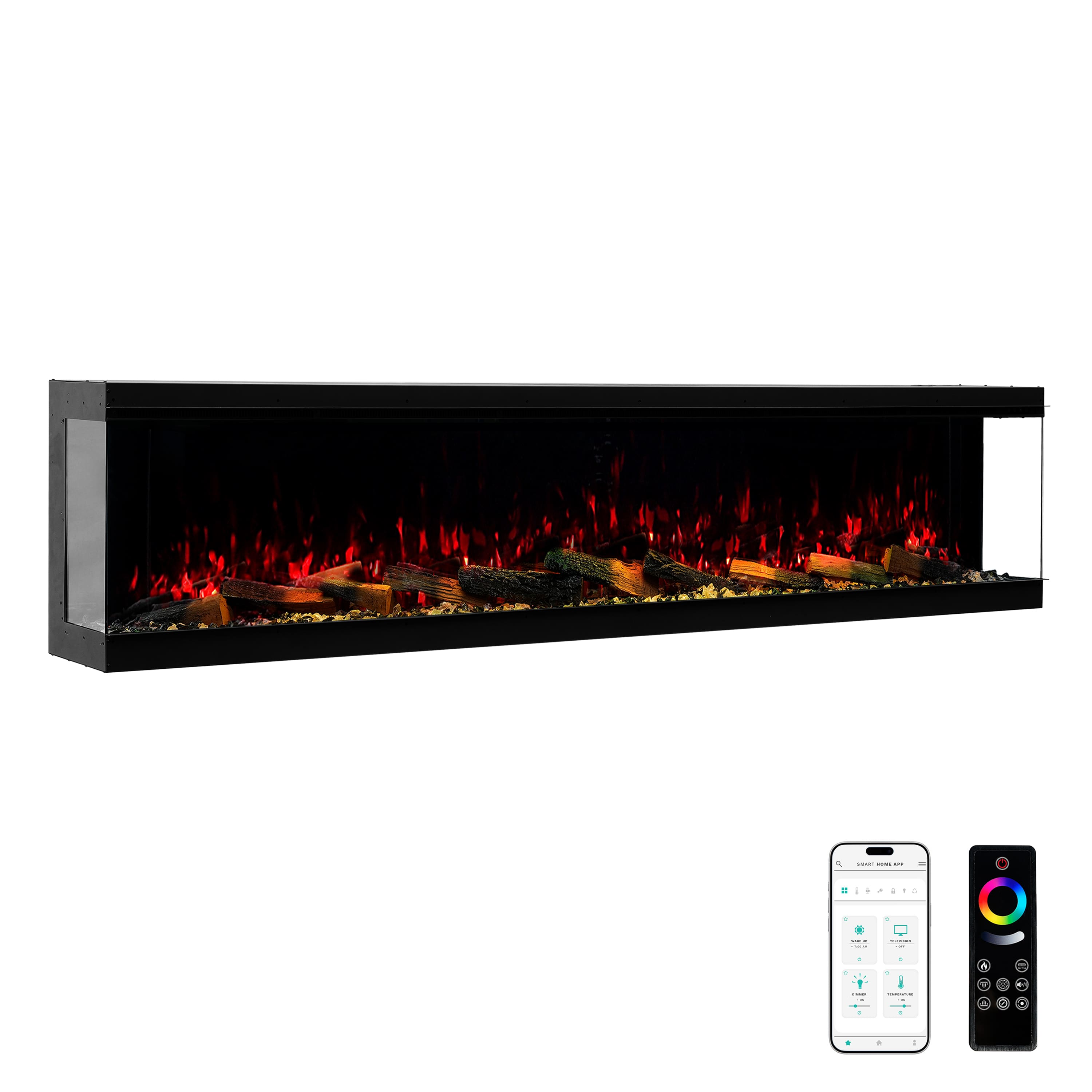 Mondawe - 88" Recessed/Wall Mounted 3-Sided Electric Fireplace with App and Wifi Smart Control, 1500W/3000W PTC Ceramic Heating - Black