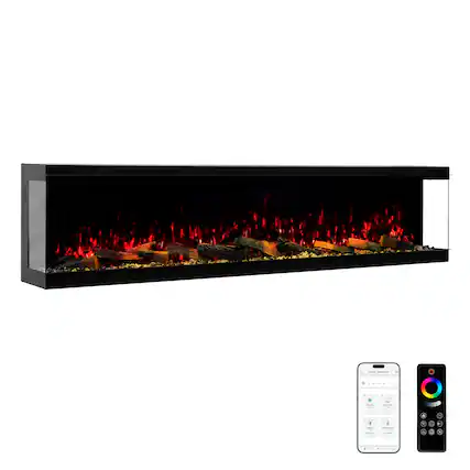 Front. Mondawe - 88" Recessed/Wall Mounted 3-Sided Electric Fireplace with App and Wifi Smart Control, 1500W/3000W PTC Ceramic Heating - Black.