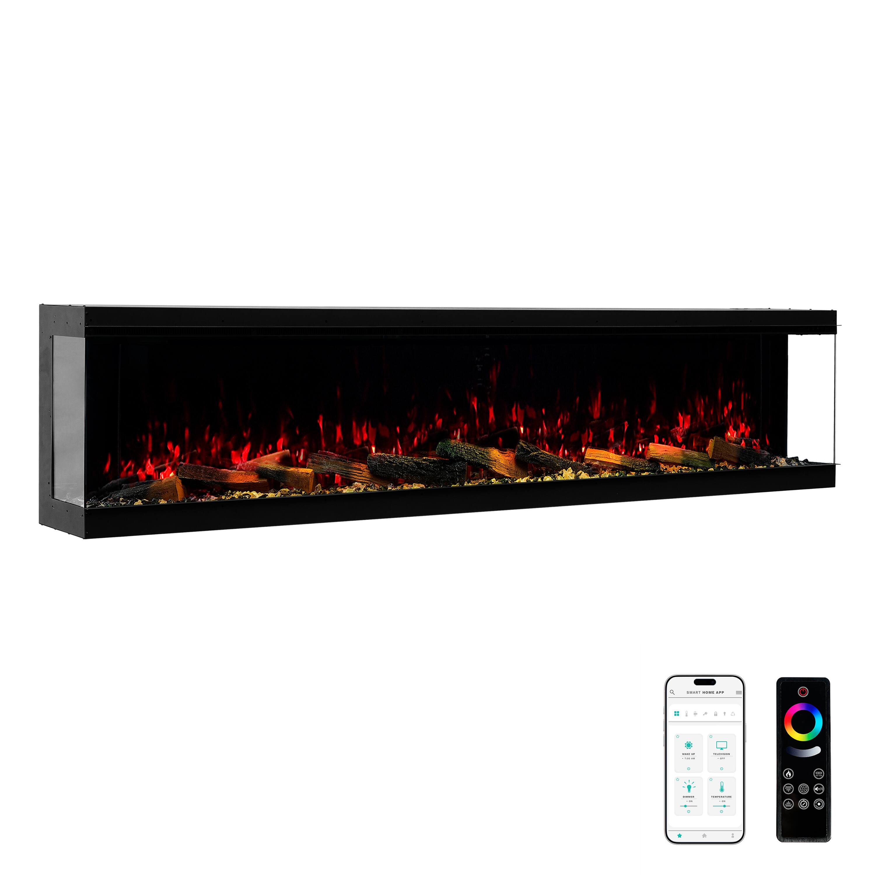 Front. Mondawe - 88" Recessed/Wall Mounted 3-Sided Electric Fireplace with App and Wifi Smart Control, 1500W/3000W PTC Ceramic Heating - Black.