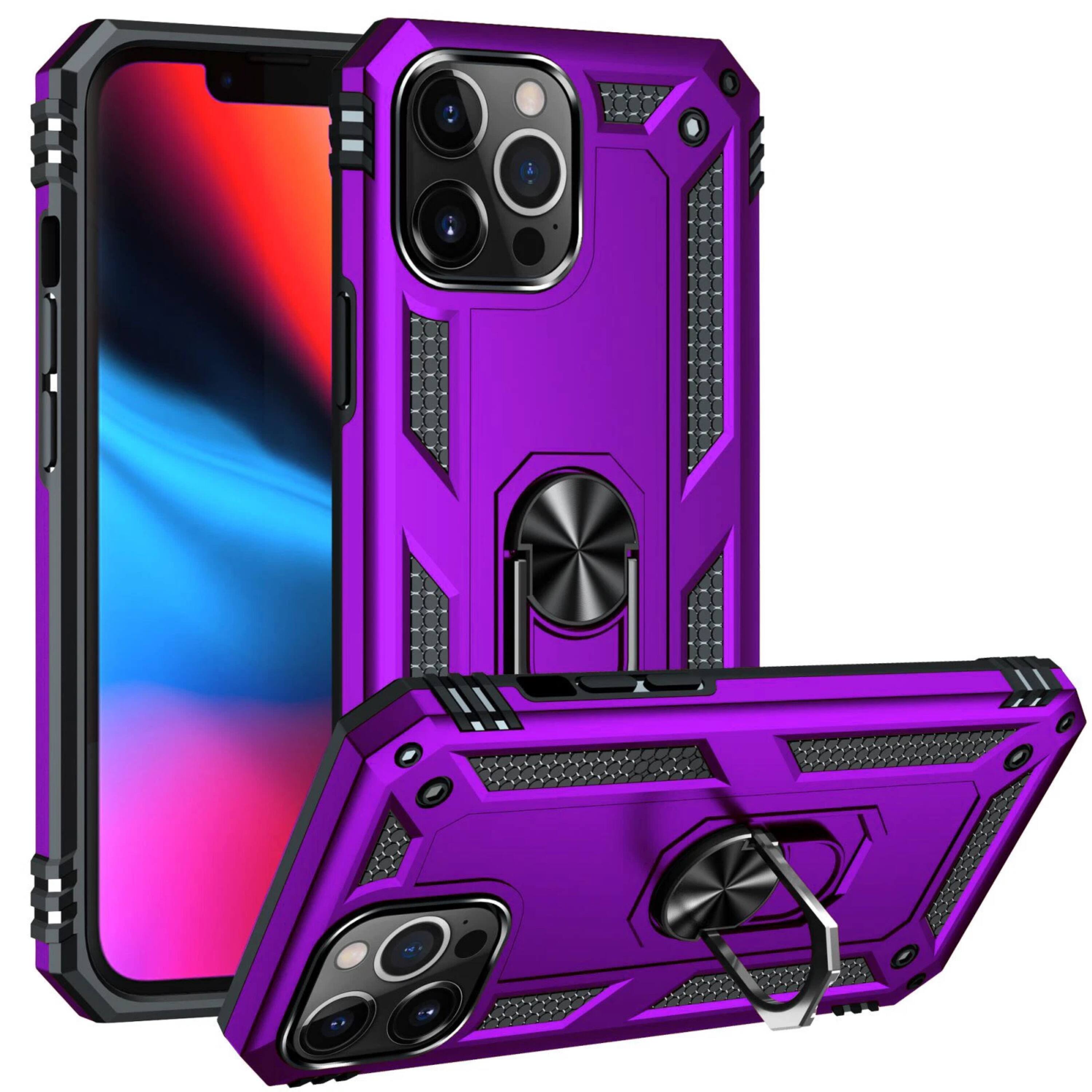 Front. Kitcheniva - Dual Layer Shockproof Armor With Ring Holder For iPhone 14 Pro Case And Tempered Glass Purple - Purple.