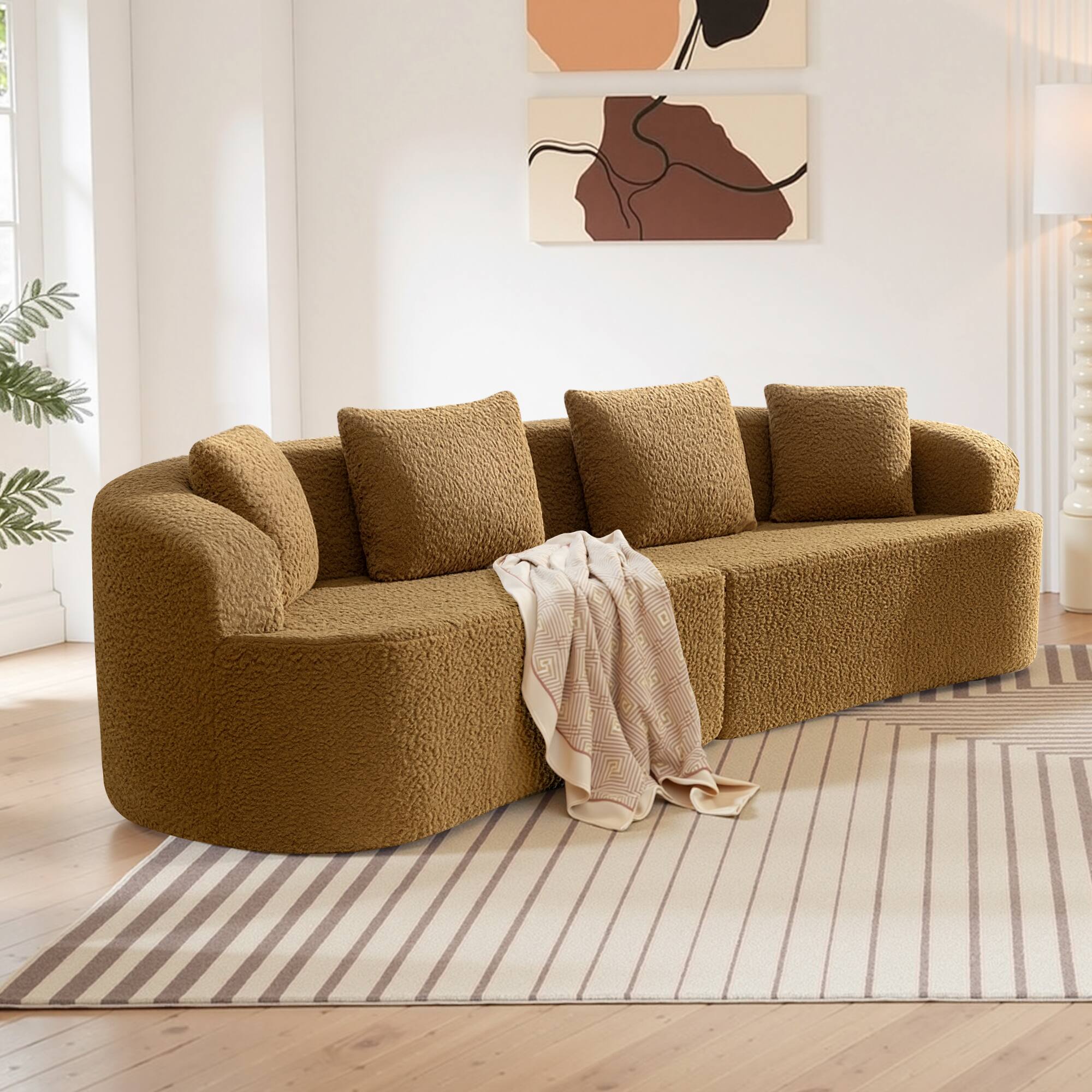 Alt View 5. KERDOM - 112" Corduroy Curved Sectionals Sofa with 4 Pillows, Teddy Plush Floor Couch for Living Room and Apartment, No Install - Brown.