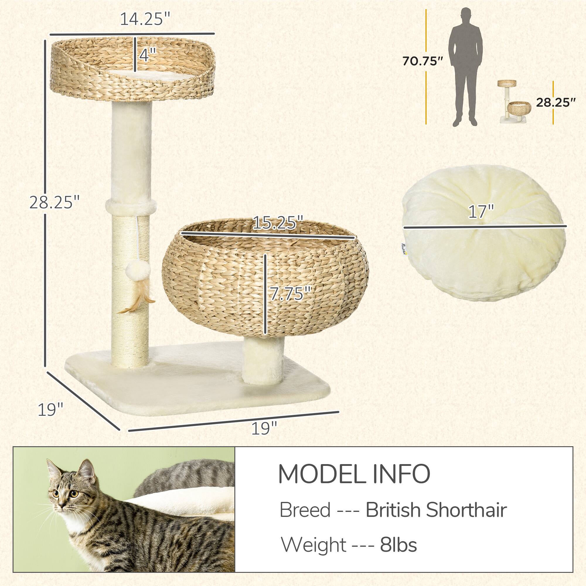 Left. Pawhut - 28" Elevated Cat Bed with Sisal Scratching Post, Modern Cat Tree with Cute Basket Design, Cat Tree with Fun Ball Toy - Beige.