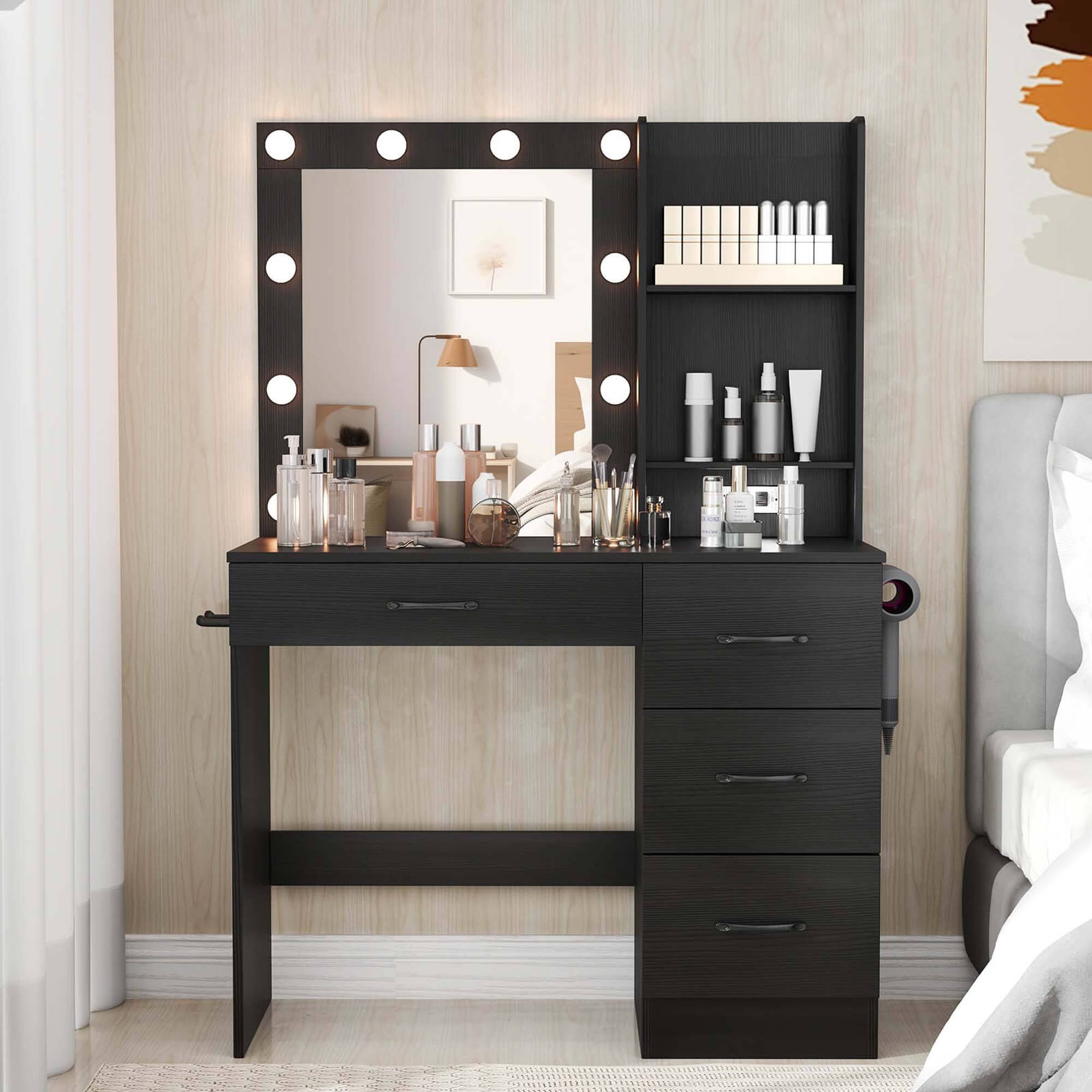 Alt View 4. Costway - Costway Makeup Vanity Desk with Mirror and Lights Charging Station 3-Color LED Lights Black - Black.