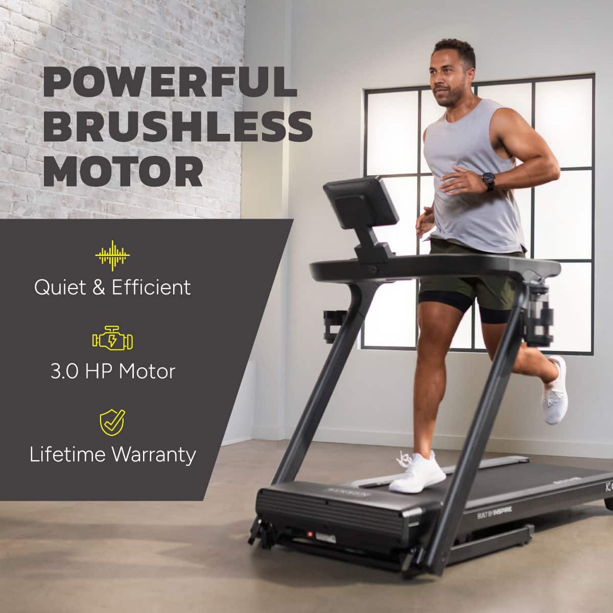The text on the image reads: "Powerful Brushless Motor Quiet & Efficient 3.0 HP Motor Lifetime Warranty."