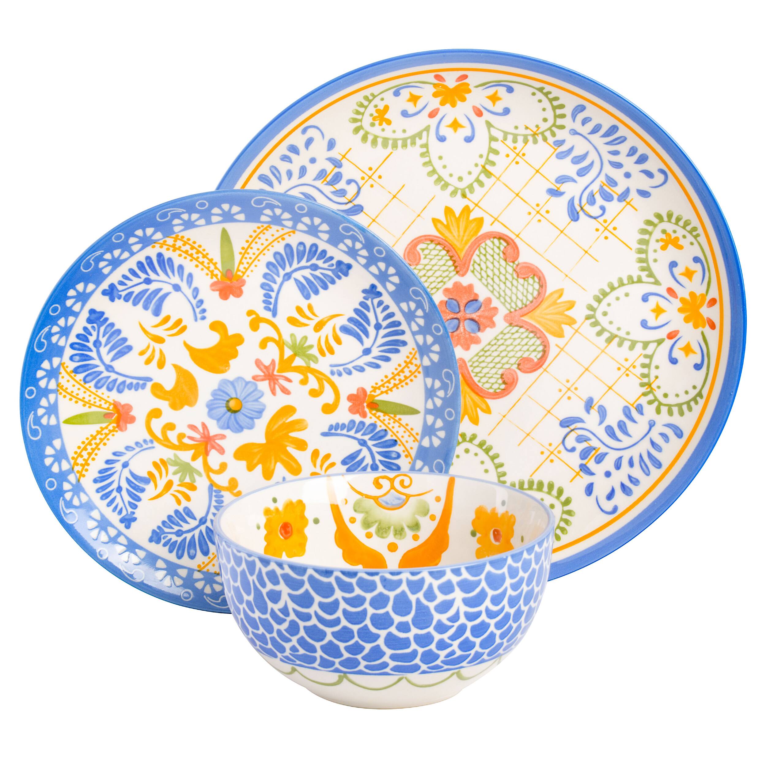 Alt View 1. Laurie Gates - Laurie Gates Tierra Tile 12 Piece Round Stoneware Dinnerware Set in Assorted Designs - Blue.