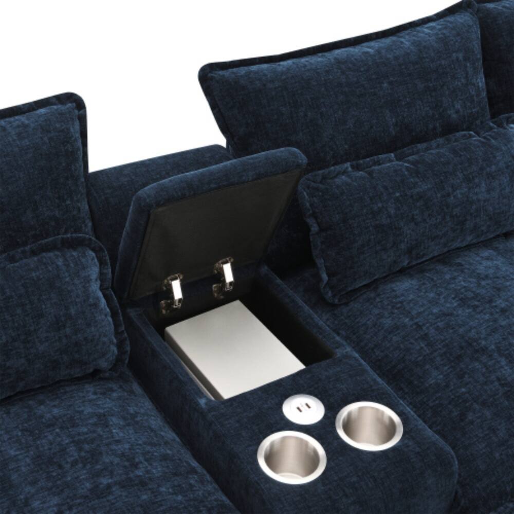 Alt View 9. LUCKY ONE - 123" U-Shaped 6-Seat Symmetrical Cloud Chenille Sectional Sofa w/ Console USB - Dark Blue.