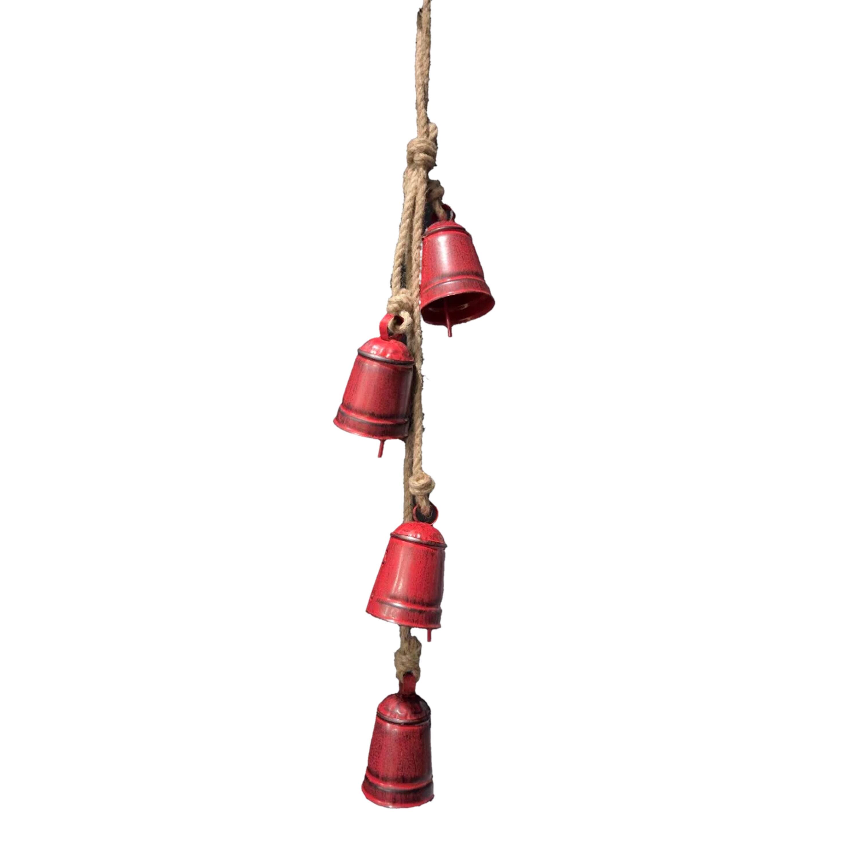 Left. Manhattan Lane - 27 Inch Decorative Wind Chime, 4 Cascading Cow Bells, Jute Rope, Boho Rustic Style - Antique Red, Natural Brown.