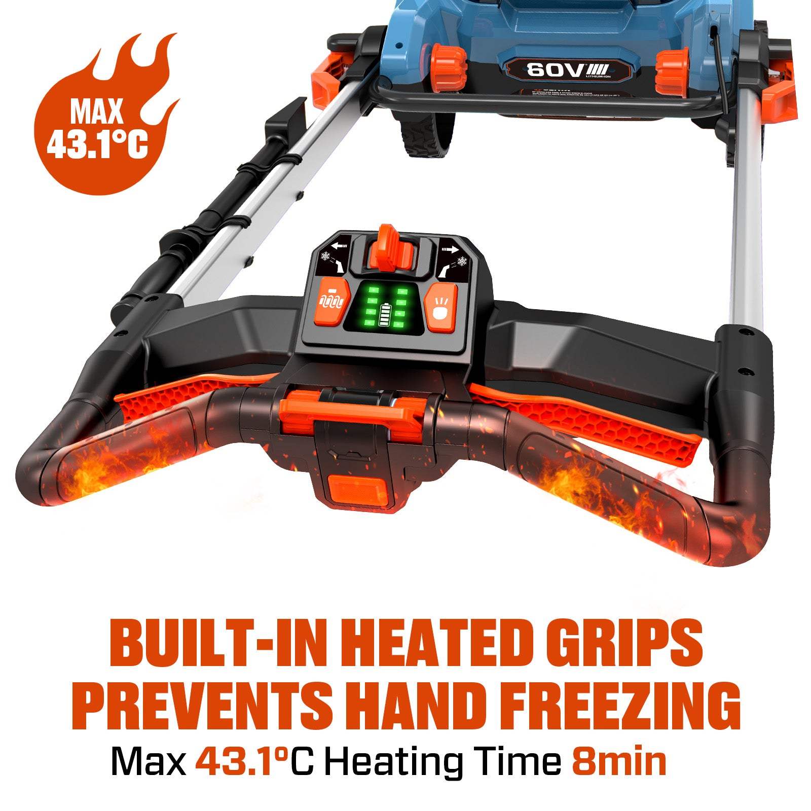 MAX 43.1°C  
60V  

BUILT-IN HEATED GRIPS PREVENTS HAND FREEZING  
Max 43.1°C Heating Time 8min