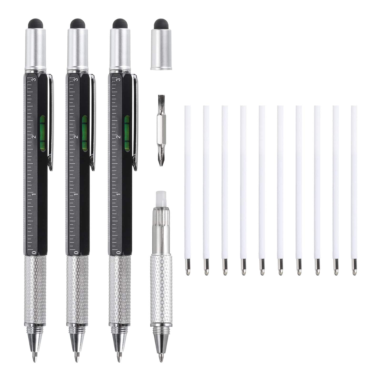 Unique Bargains - 3pcs 6 in 1 Aluminium Multitool Tech Tool Pen with Ballpoint Pen, Ruler, Screwdriver, Stylus, Level Gauge, Refills - Black