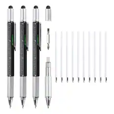 Front. Unique Bargains - 3pcs 6 in 1 Aluminium Multitool Tech Tool Pen with Ballpoint Pen, Ruler, Screwdriver, Stylus, Level Gauge, Refills - Black.