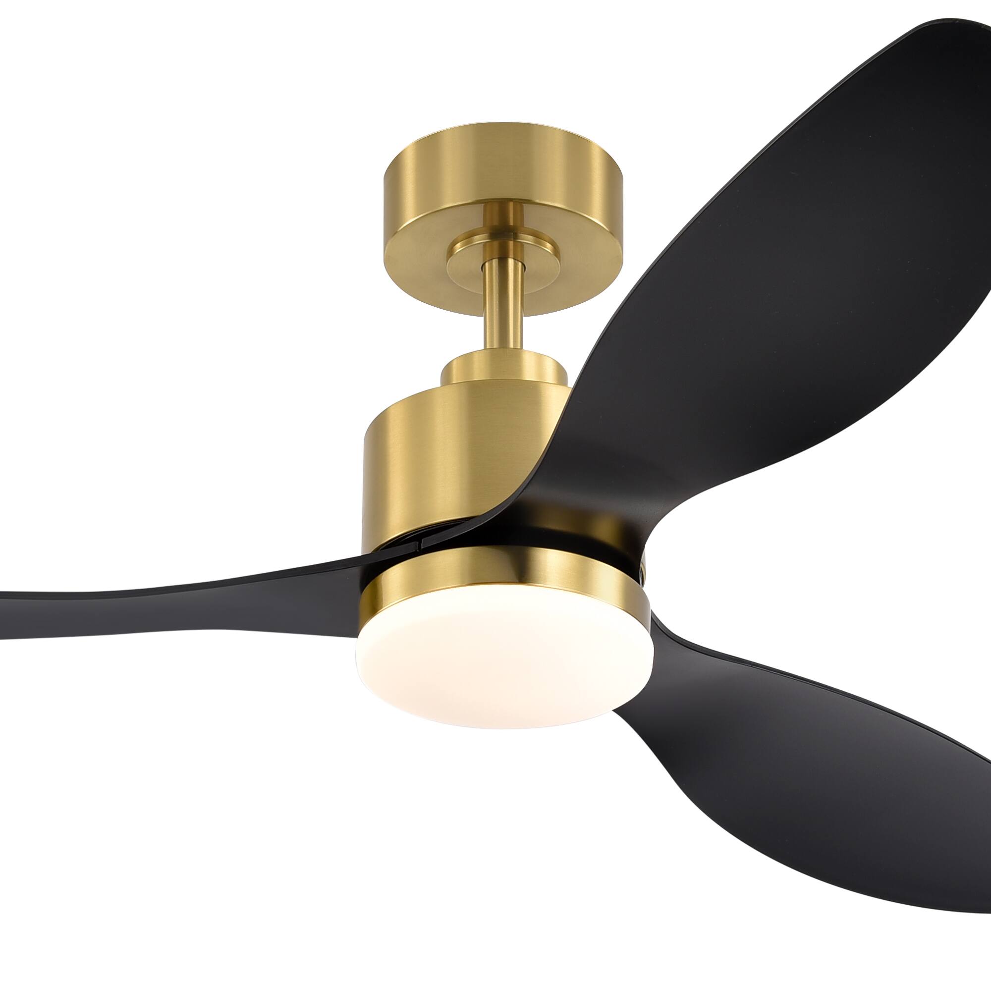 Left. Breezary - 52" Indoor Ceiling Fan, 3 ABS Blades, 6-Speed DC Motor, Remote Control, Memory/Timer, 3-Color LED Light, 5"/10" Downrods - Gold and Matte Black.