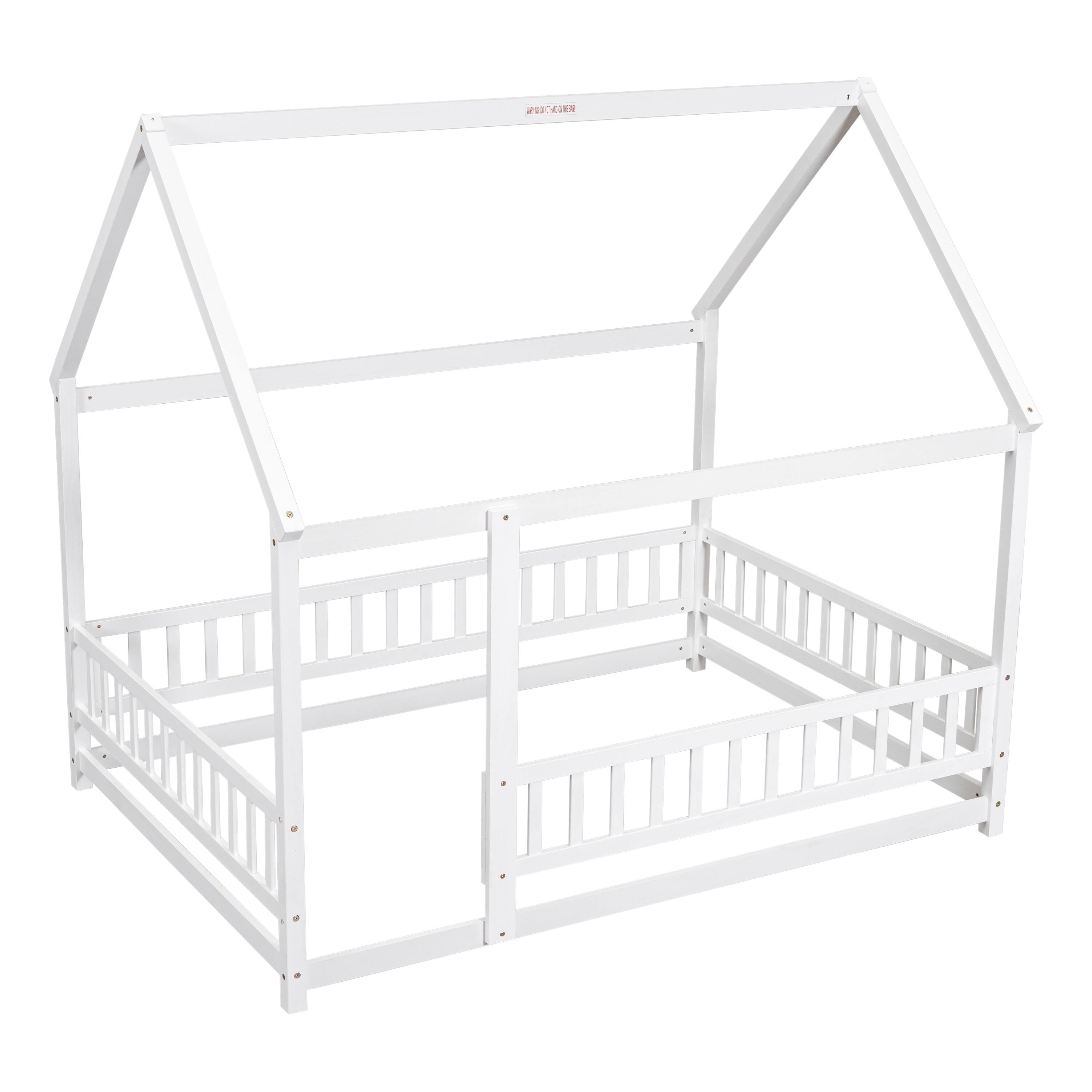Alt View 2. Tiramisubest - Full Size Floor Wooden Bed with House Roof Frame, Fence Guardrails ,White(Old SKU:W50471475) - White.