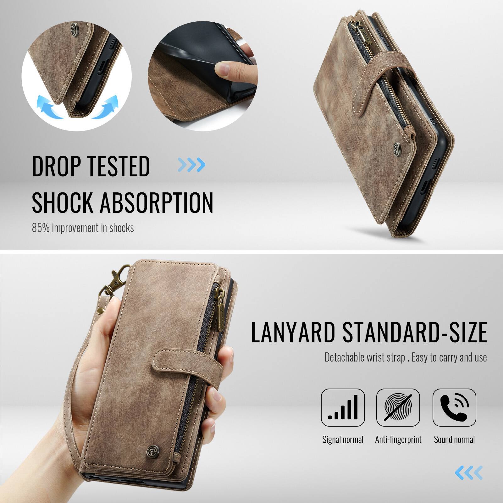 DROP TESTED >>> SHOCK ABSORPTION  
85% improvement in shocks  

LANYARD STANDARD-SIZE  
Detachable wrist strap. Easy to carry and use  

Signal normal  
Anti-fingerprint  
Sound normal
