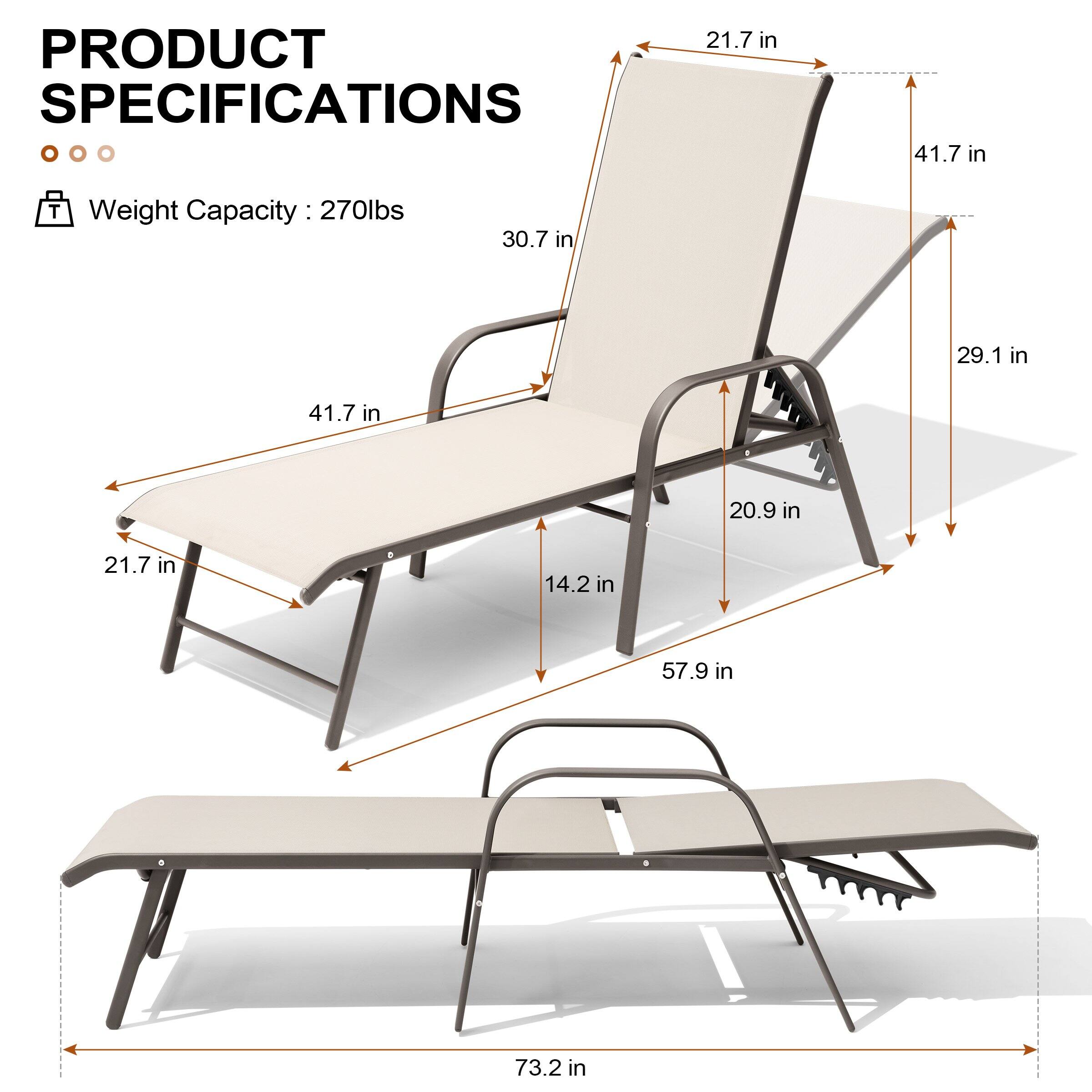 PRODUCT SPECIFICATIONS

Weight Capacity: 270lbs

- 21.7 in
- 41.7 in
- 30.7 in
- 29.1 in
- 20.9 in
- 14.2 in
- 57.9 in
- 73.2 in