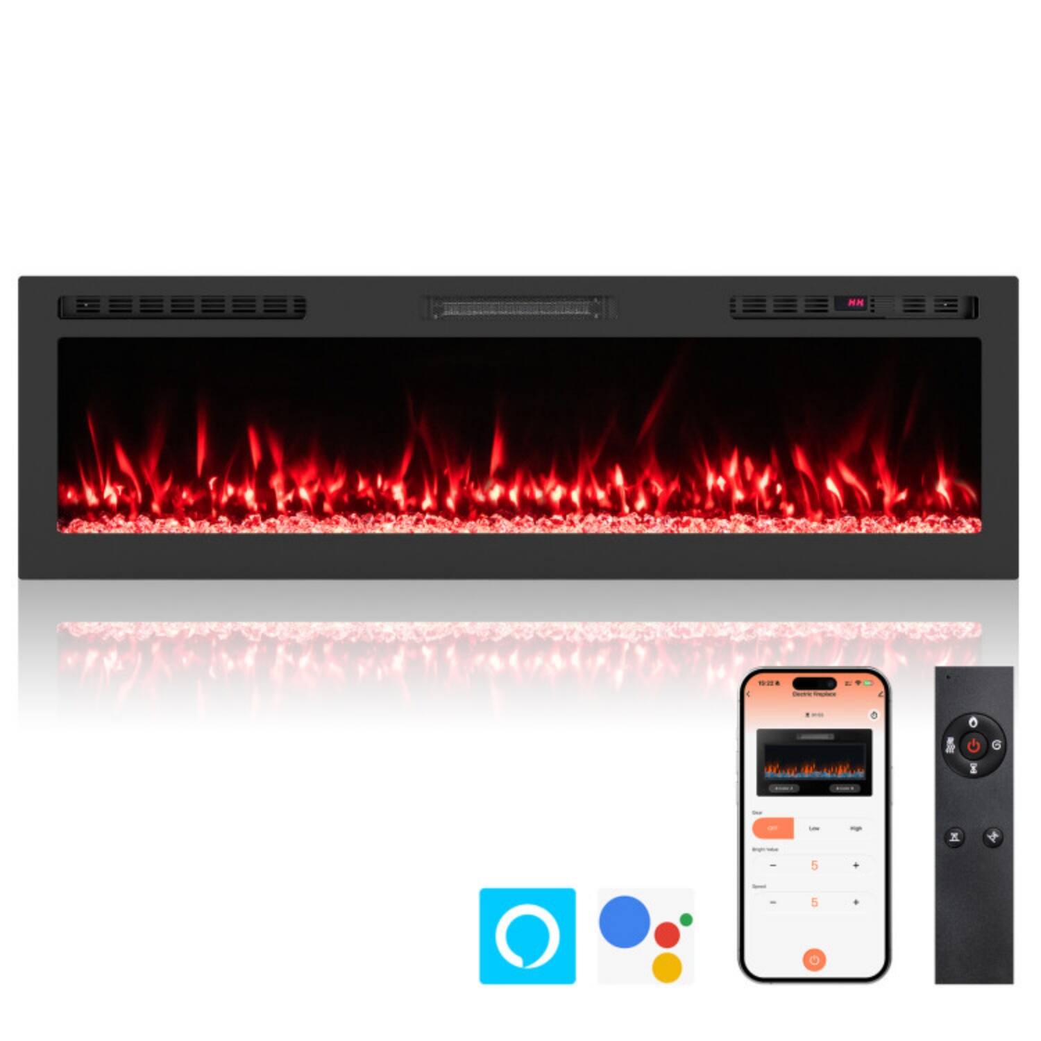 Front. LUCKY ONE - 60 Inch Smart WiFi Wall Mounted/Recessed Electric Fireplace with 12 Colors - Black.